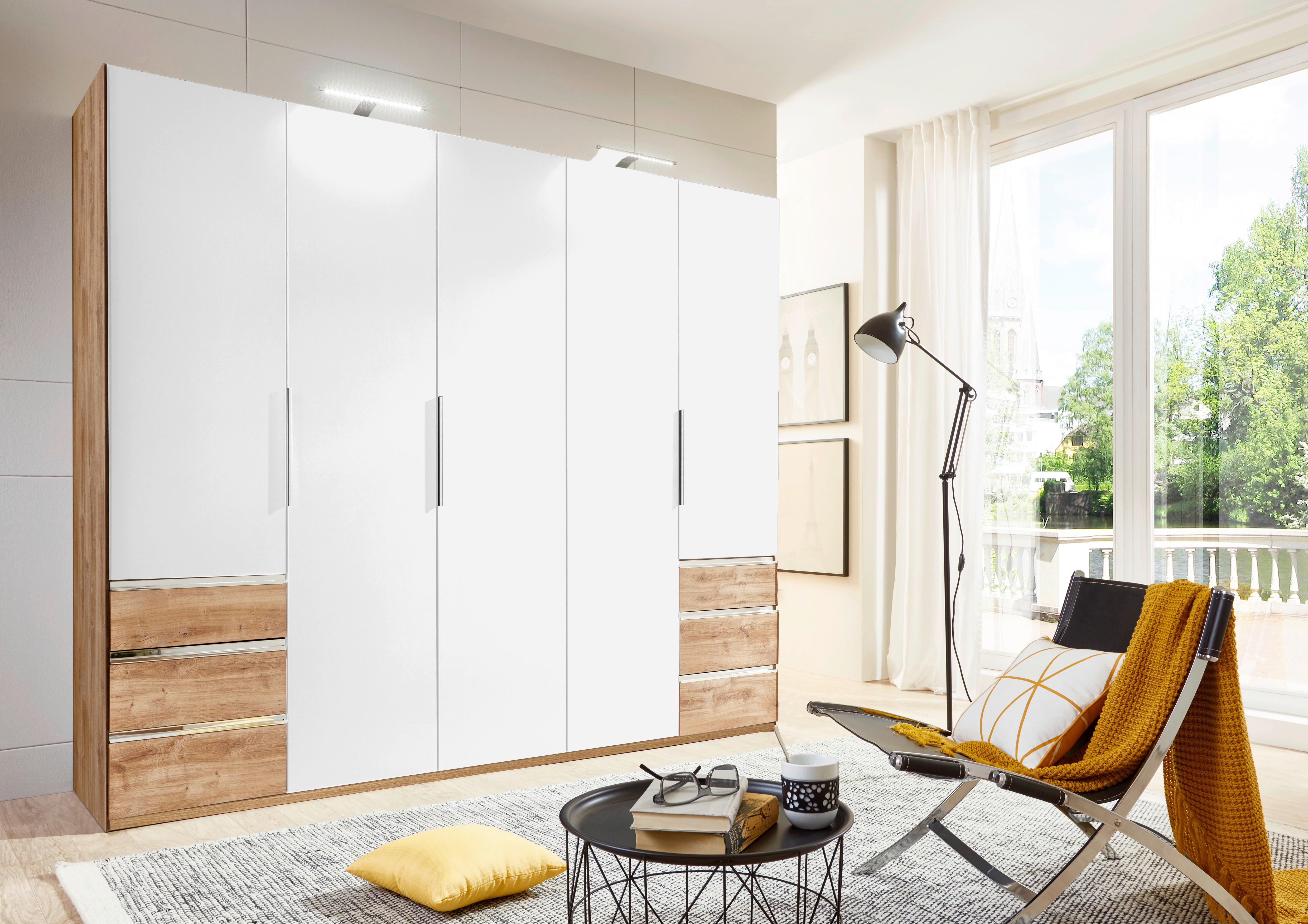 Drehtürenschrank mit Laden B: 250 cm Level, Weiß/Eiche Dekor - Chromfarben/Eichefarben, MODERN, Holzwerkstoff (250/236/58cm) - MID.YOU