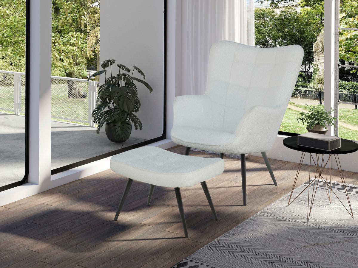 Hocker Uta Elfenbein Bouclé - Elfenbein/Schwarz, Basics, Textil/Metall (60cm) - MID.YOU