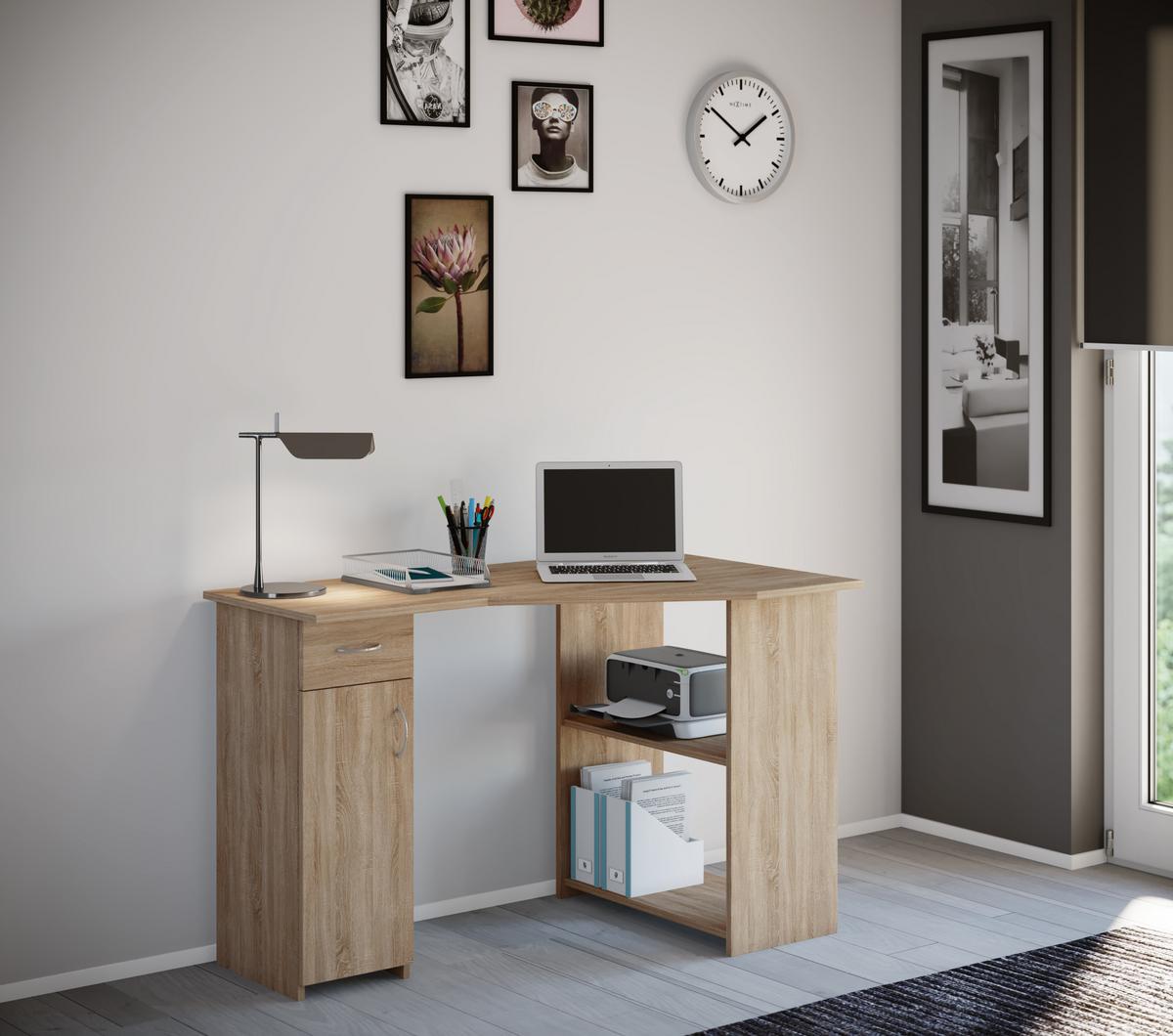 Kotna Pisalna Miza Linzia, Barva Hrasta, 118x76cm - barve nerjavečega jekla/barve hrasta, Konvencionalno, umetna masa/leseni material (118/76/77cm) - MID.YOU