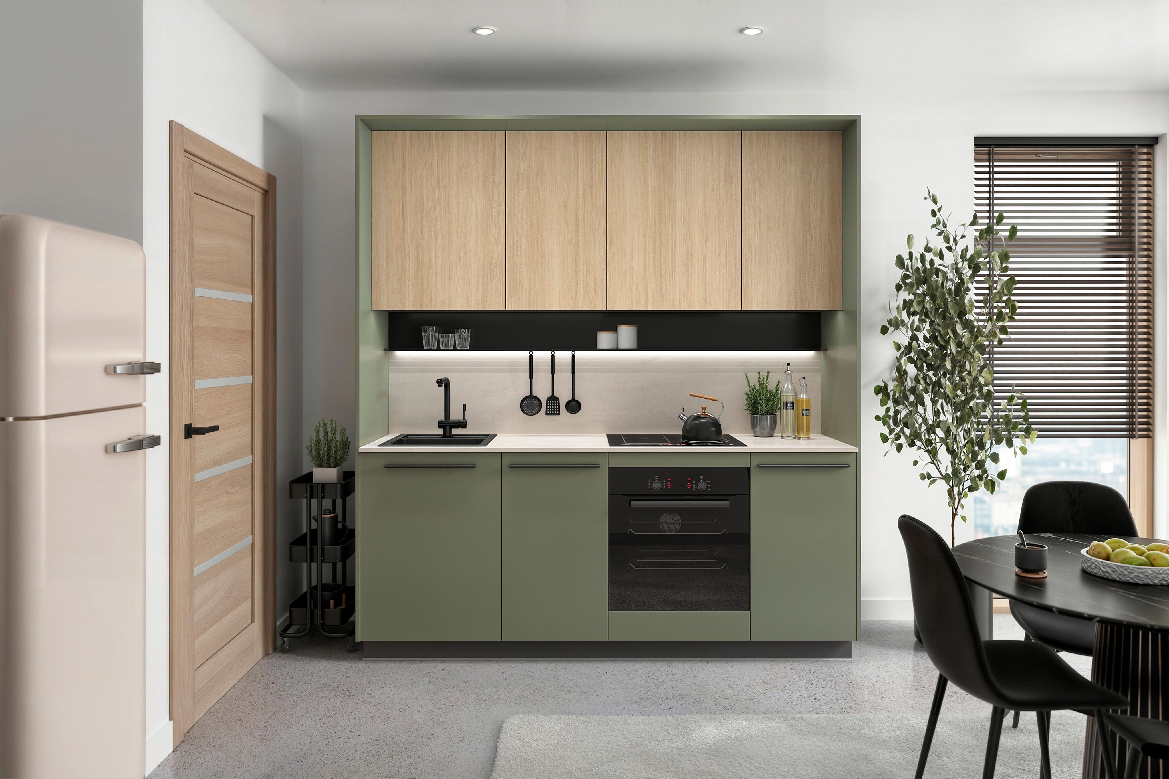 Küchenblock Milino o. E-Geräte Dunkelgrün - Dunkelgrün/Eichefarben, Basics, Holzwerkstoff/Kunststoff (210cm) - Visiona