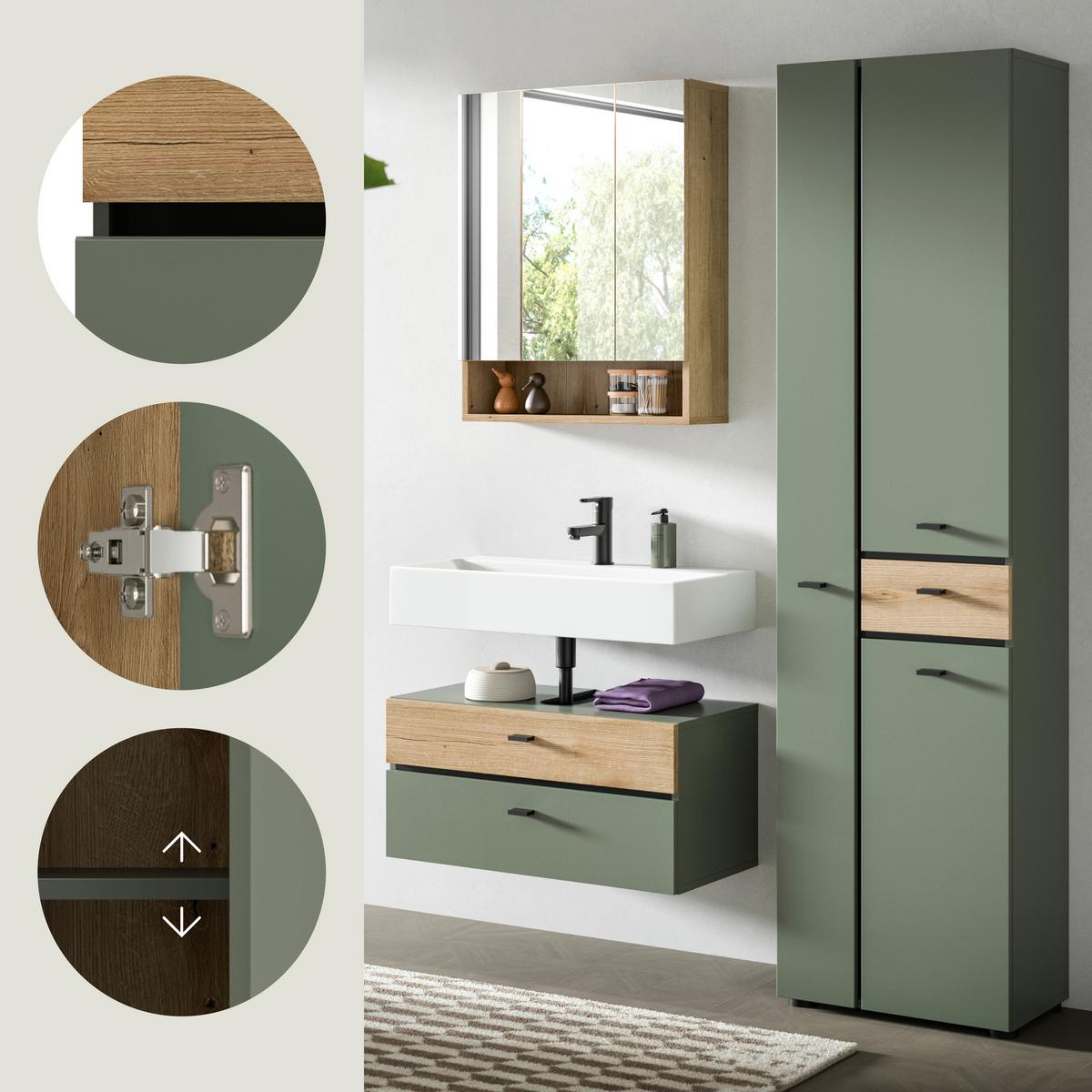 Badezimmer AQUA Grün, Eichefarben 3-teilig - Eichefarben/Schwarz, Trend, Glas/Holzwerkstoff (126cm) - MID.YOU