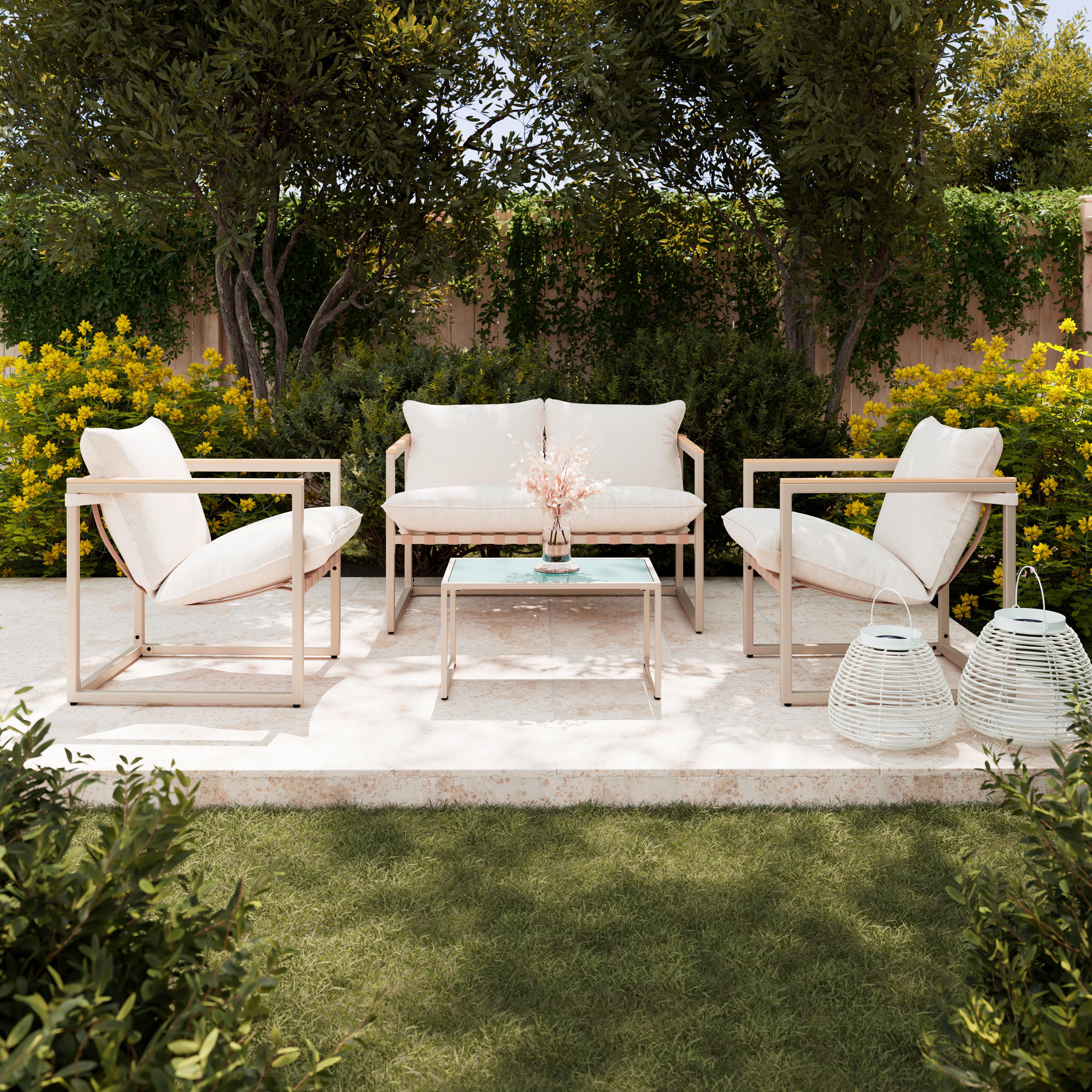 Loungegarnitur Lara Creme Metall/Outdoorstoff +Abdeckung - Creme/Grau, MODERN, Glas/Kunststoff (114cm) - Bessagi Garden