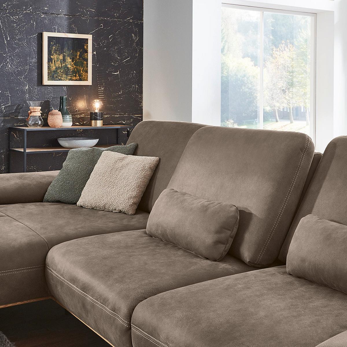 Wohnlandschaft Erling Alufarben - Beige/Alufarben, MODERN, Leder/Metall (187/89/322cm) - Premium Living