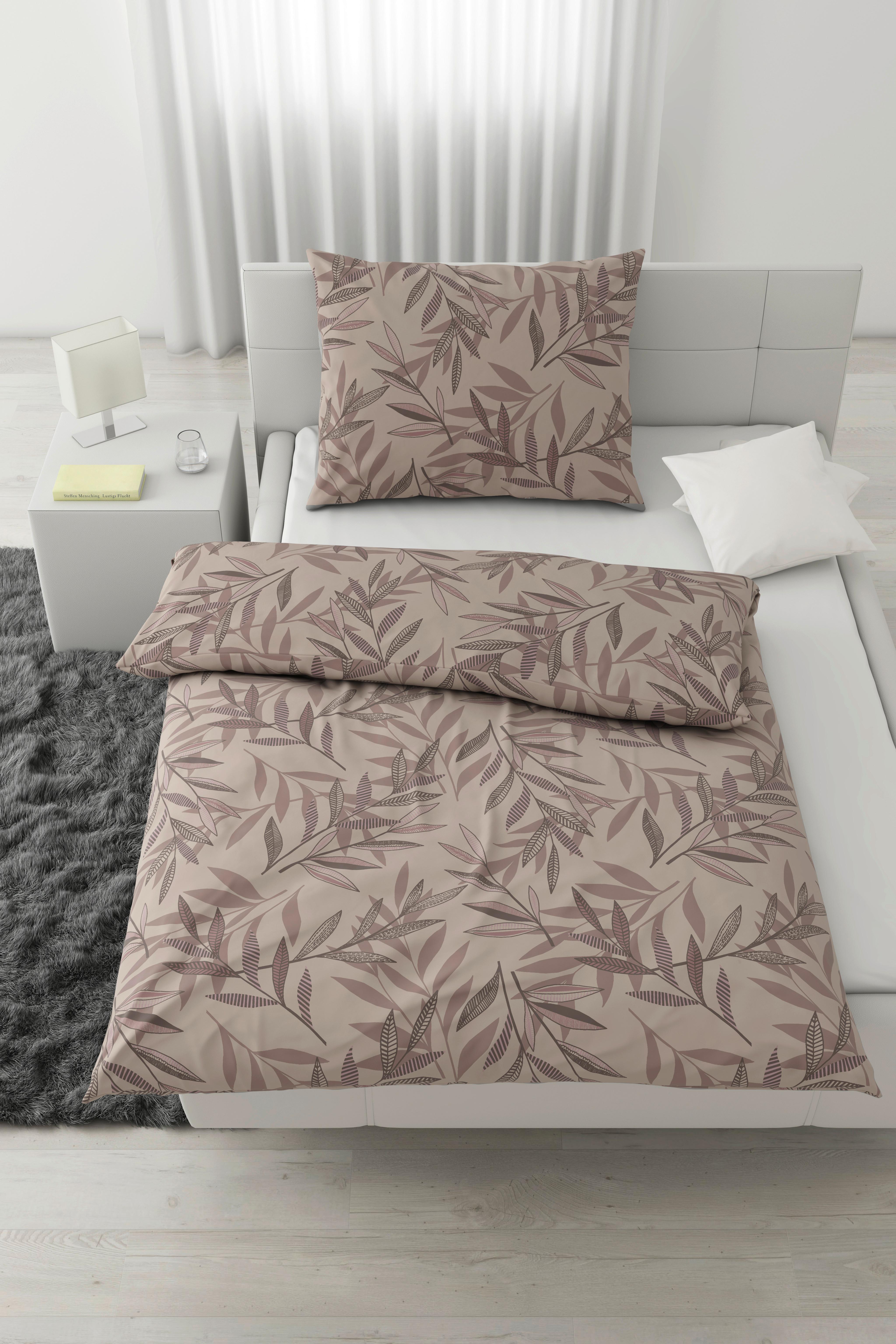 BETTWÄSCHESET STITCHED LEAVES - Beige/Mauve, Textil (160/210cm) - Modern Living