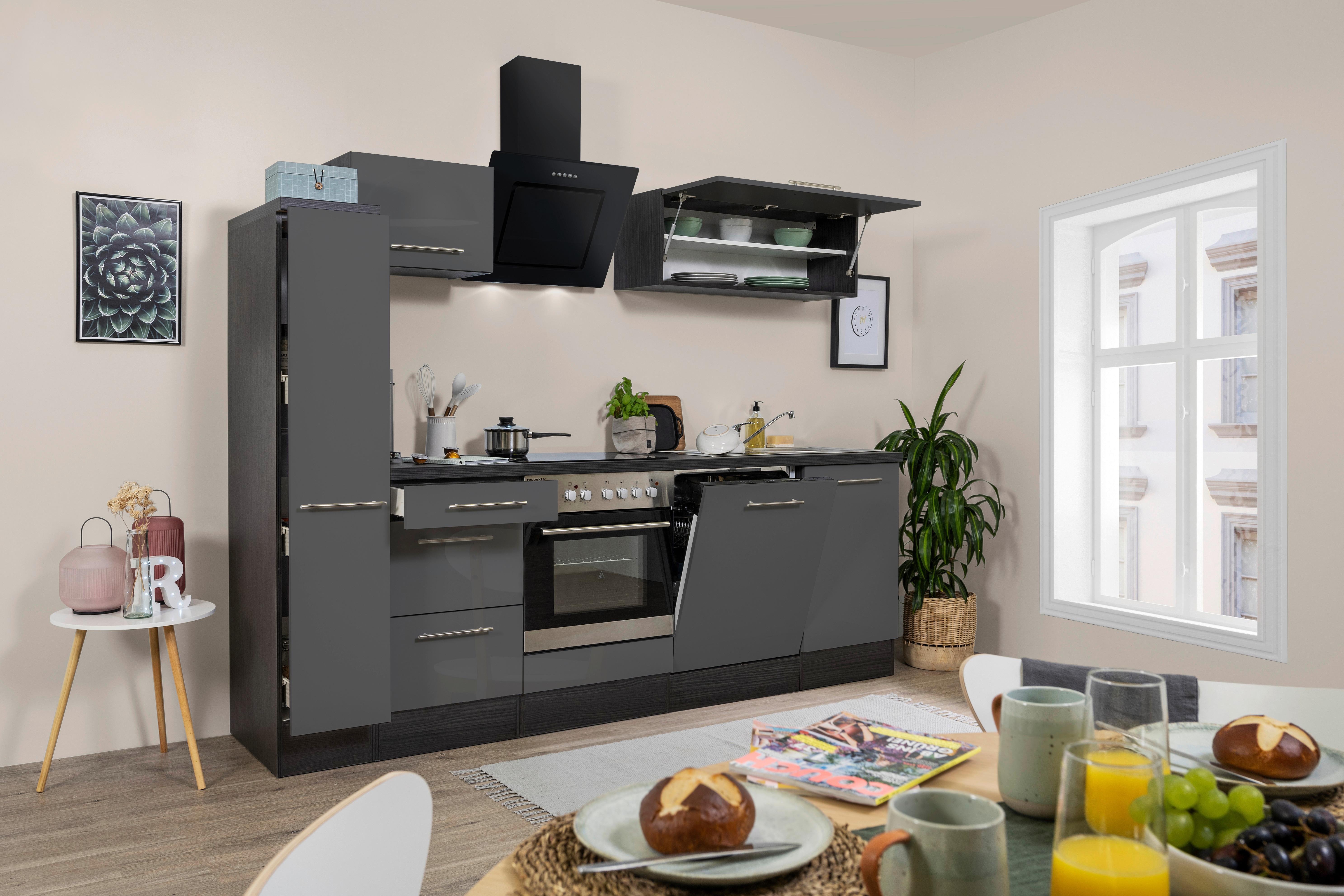 Küchenzeile Grau Hochglanz/ Schwarz mit Geräte B: 250 cm - Alufarben/Schwarz, Basics, Holzwerkstoff (250cm) - Respekta