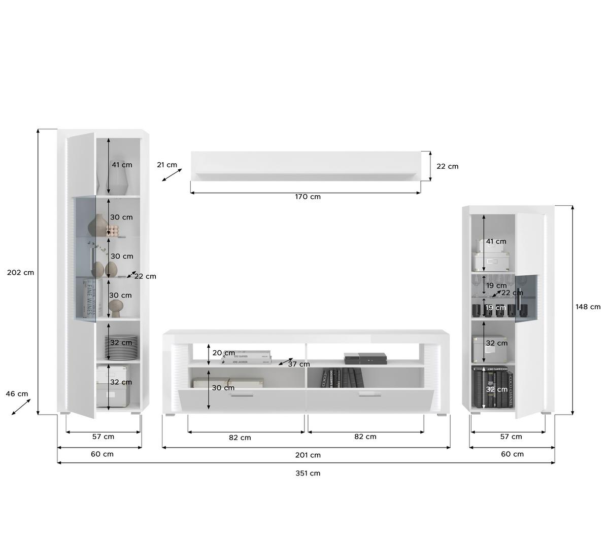 Ansamblu mobilier camera de zi SKYLIGHT - alb lucios intens, Design, material pe bază de lemn (351/202/46cm) - Modern Living