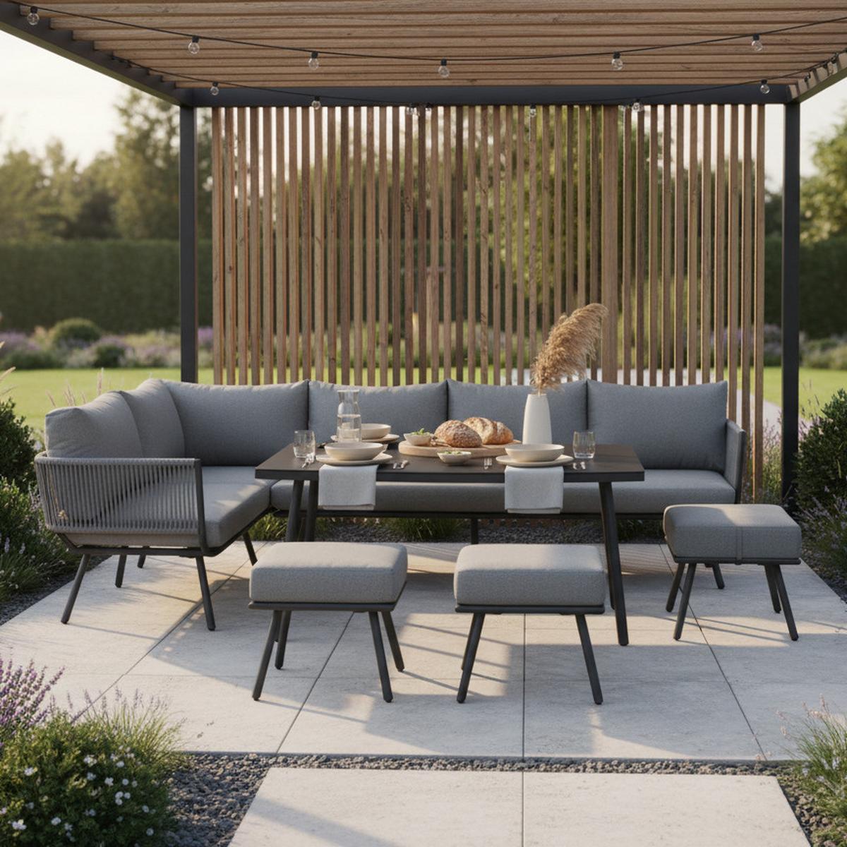 KOMPLET STOŁOWY NA TARAS CAMILLA - szary, Modern, metal/tkanina (252/65/68cm) - Bessagi Garden