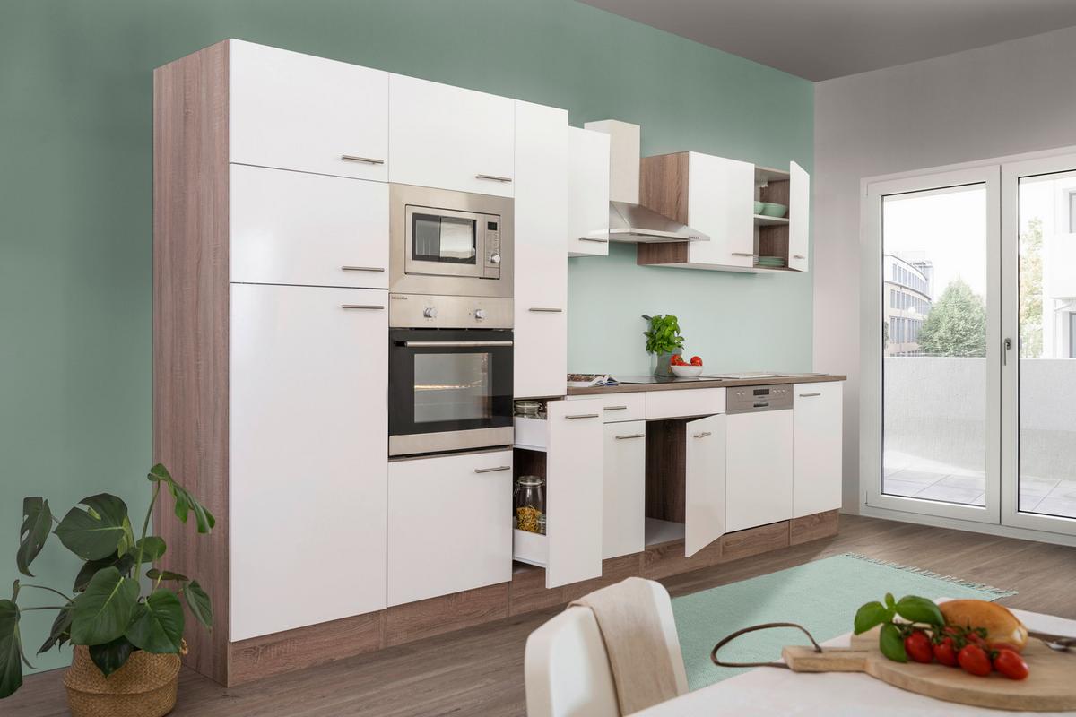 Küchenblock mit Geräten ca. 370 cm Weiß/Eichenfarbe - Eichefarben/Weiß, MODERN, Holzwerkstoff (370cm) - Respekta