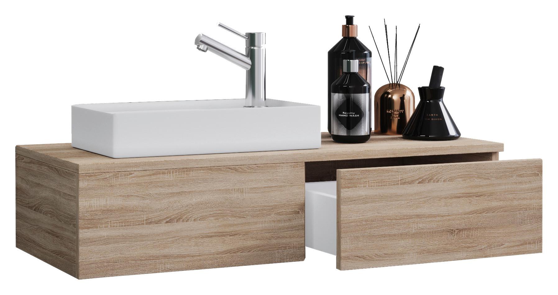 Kombiniran Umivalnik Gudas, Hrast - bela/hrast sonoma, Basics, leseni material/keramika (85cm) - MID.YOU