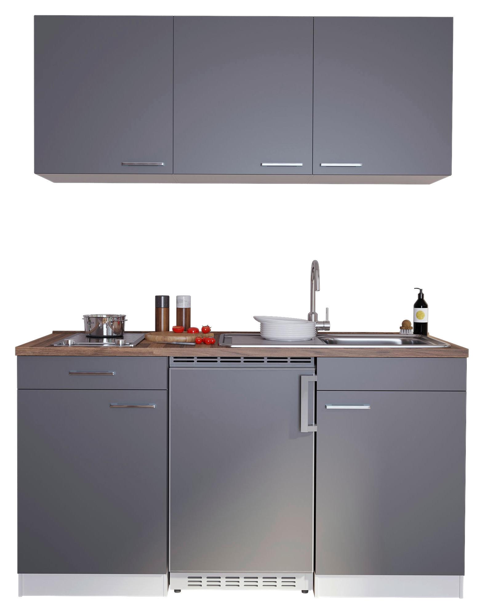 Miniküche Economy m. Geräten Grau B: ca. 150 cm - Edelstahlfarben/Nussbaumfarben, Basics, Holzwerkstoff/Kunststoff (150/200/60cm) - Respekta