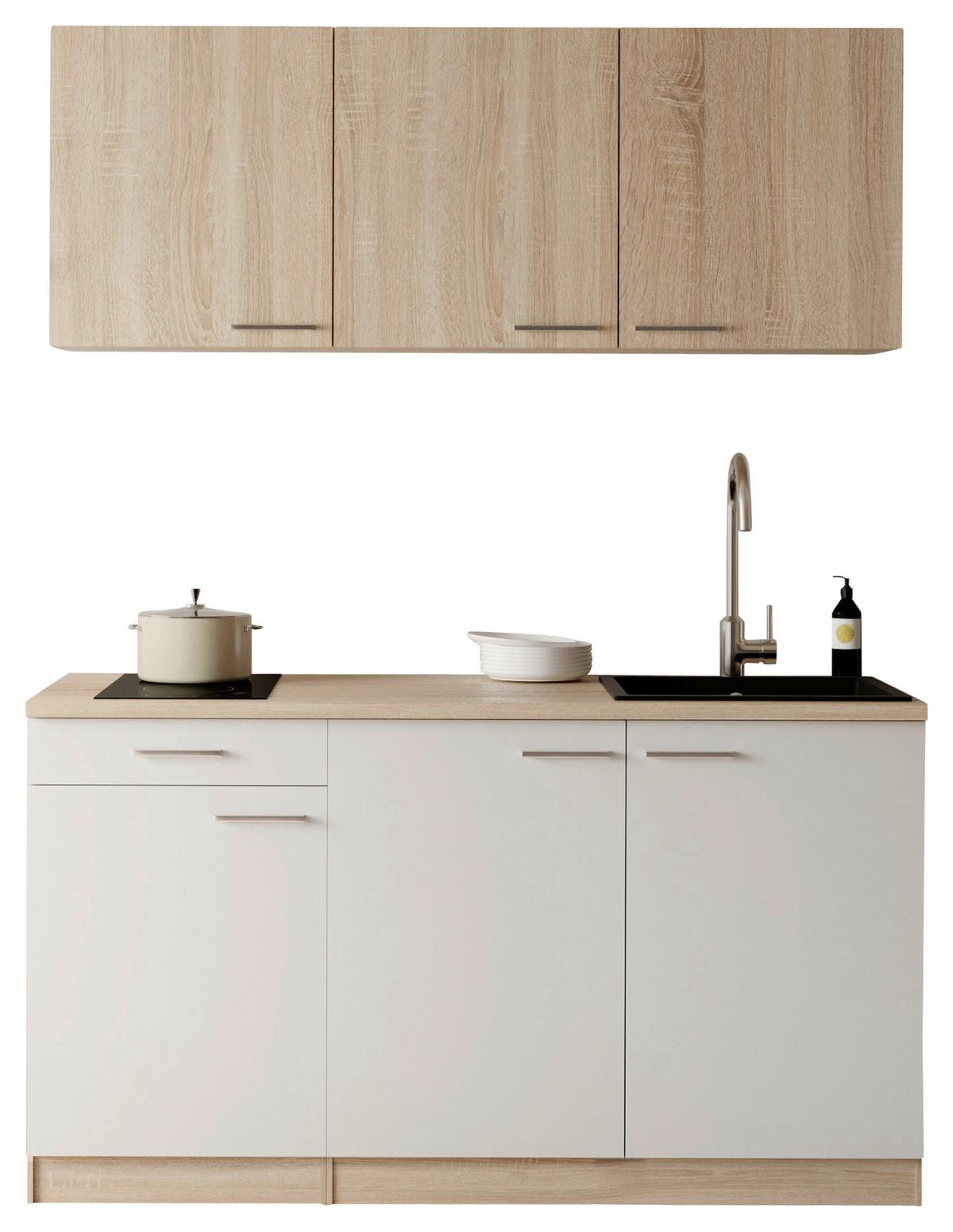 Miniküche Ingrid m. Gerät ca. 150cm Weiß - Eichefarben/Alufarben, Design, Holzwerkstoff/Kunststoff (150cm) - Respekta