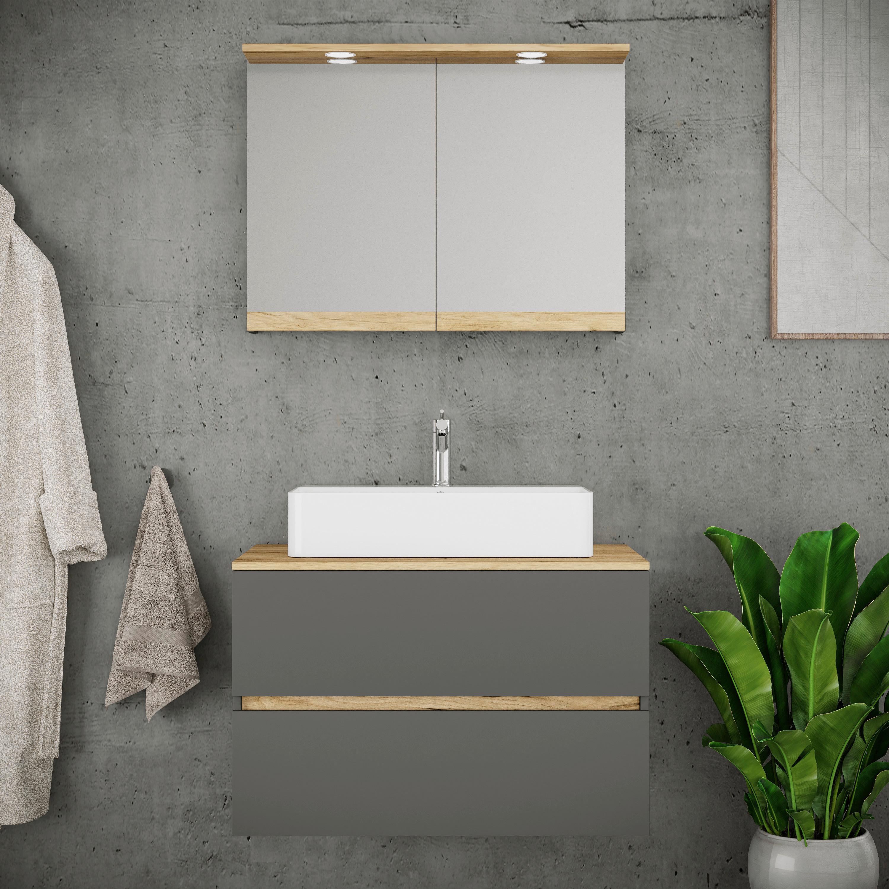 Badezimmer Cosila - Honigeiche/Weiss, Trend, Keramik/Holzwerkstoff (80cm) - MID.YOU