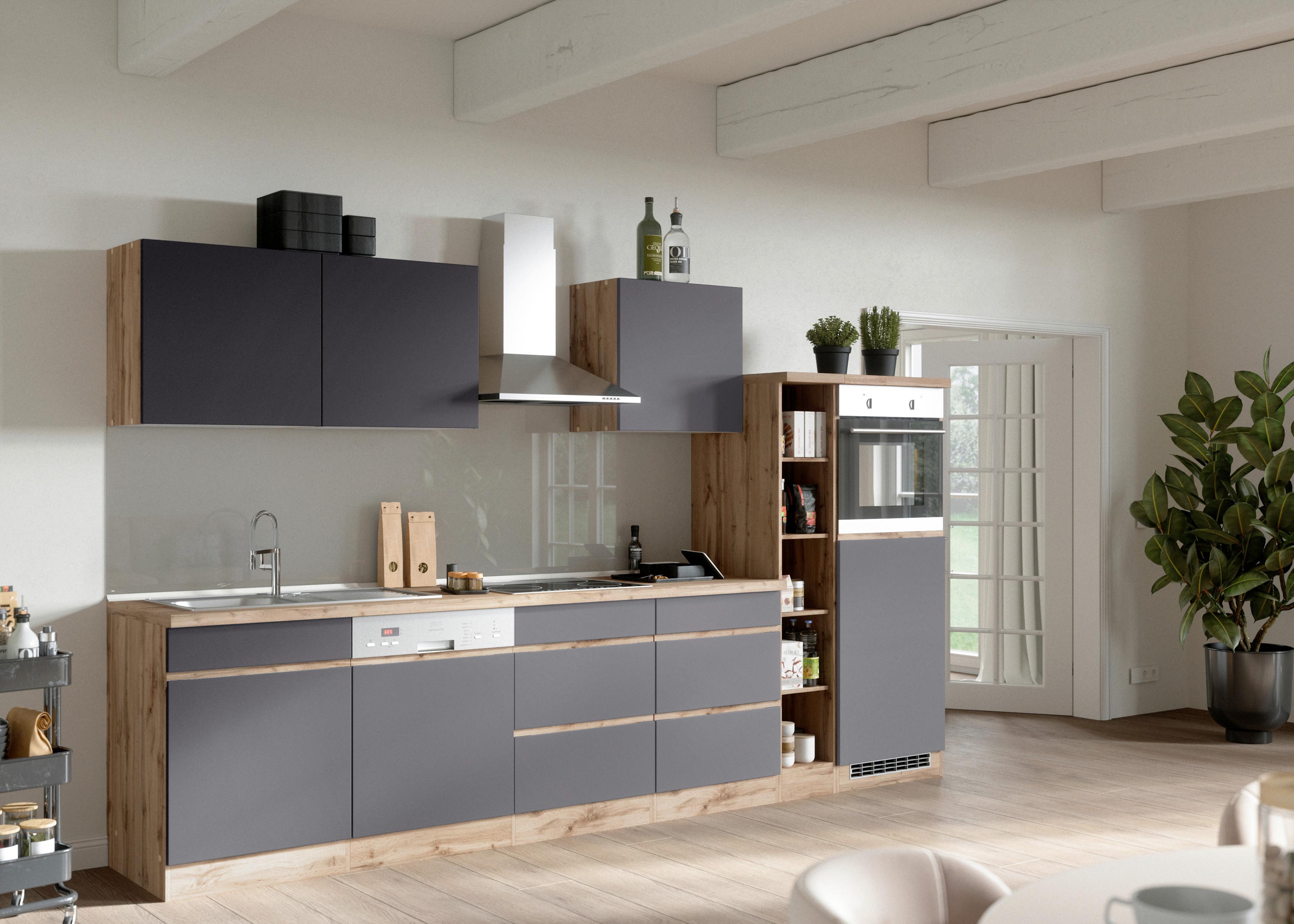 Küchenzeile Turin mit Geräten ca. 330 cm Grau/Wotan Eiche - Eiche Wotan/Grau, Design, Holzwerkstoff (330cm) - Held