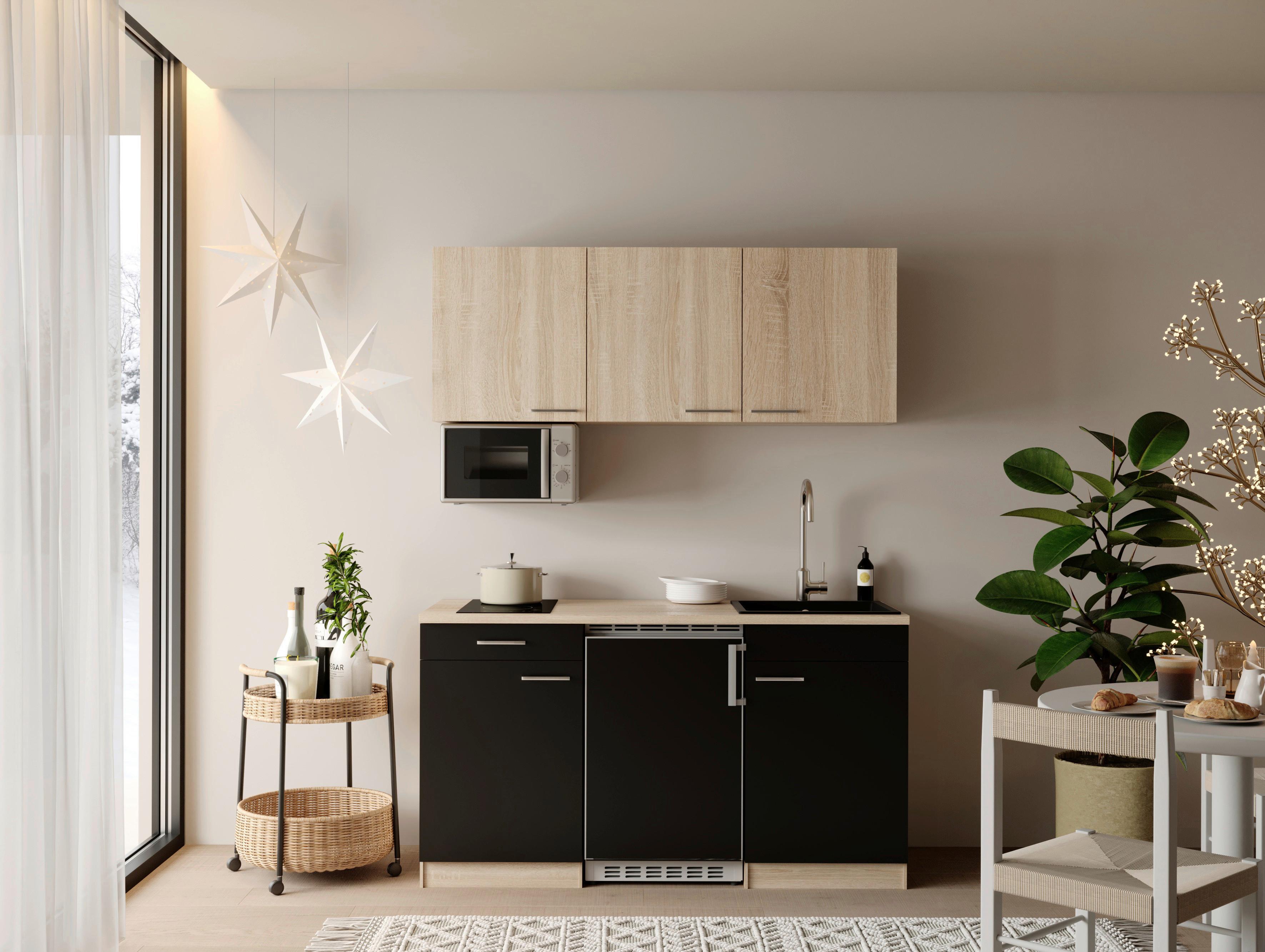 Miniküche Ingrid m. Geräten ca. 150cm Schwarz - Eichefarben/Schwarz, Design, Holzwerkstoff/Kunststoff (150cm) - Respekta