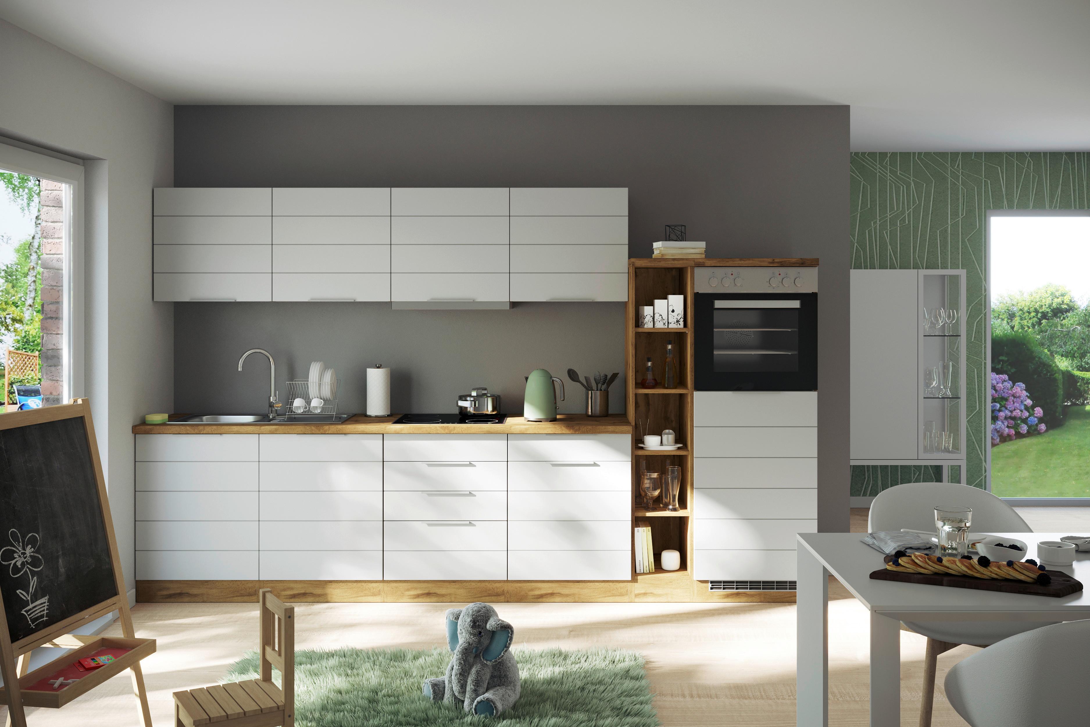 Küchenblock Florenz ohne Geräte ca. 330 cm Weiß/Eiche - Eiche Wotan/Weiß, Design, Holzwerkstoff/Metall (330cm) - Held