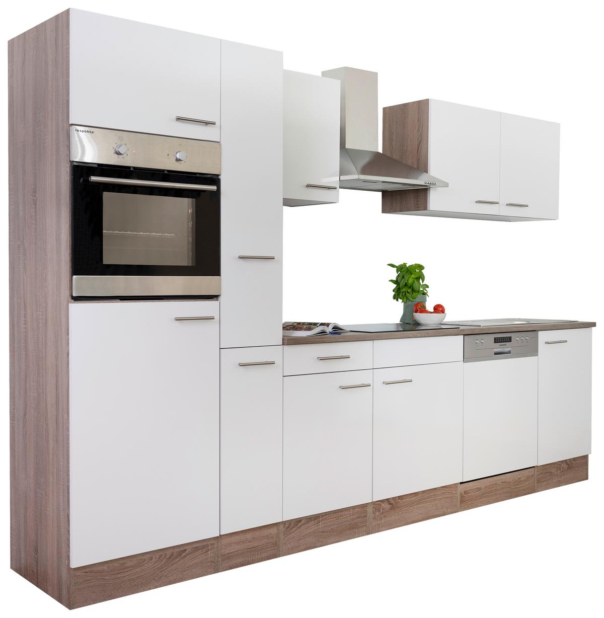 Küchenzeile mit Geräte Weiß /Eiche Dekor B: ca. 310 cm - Edelstahlfarben/Eichefarben, Design, Holzwerkstoff/Metall (310cm) - Respekta