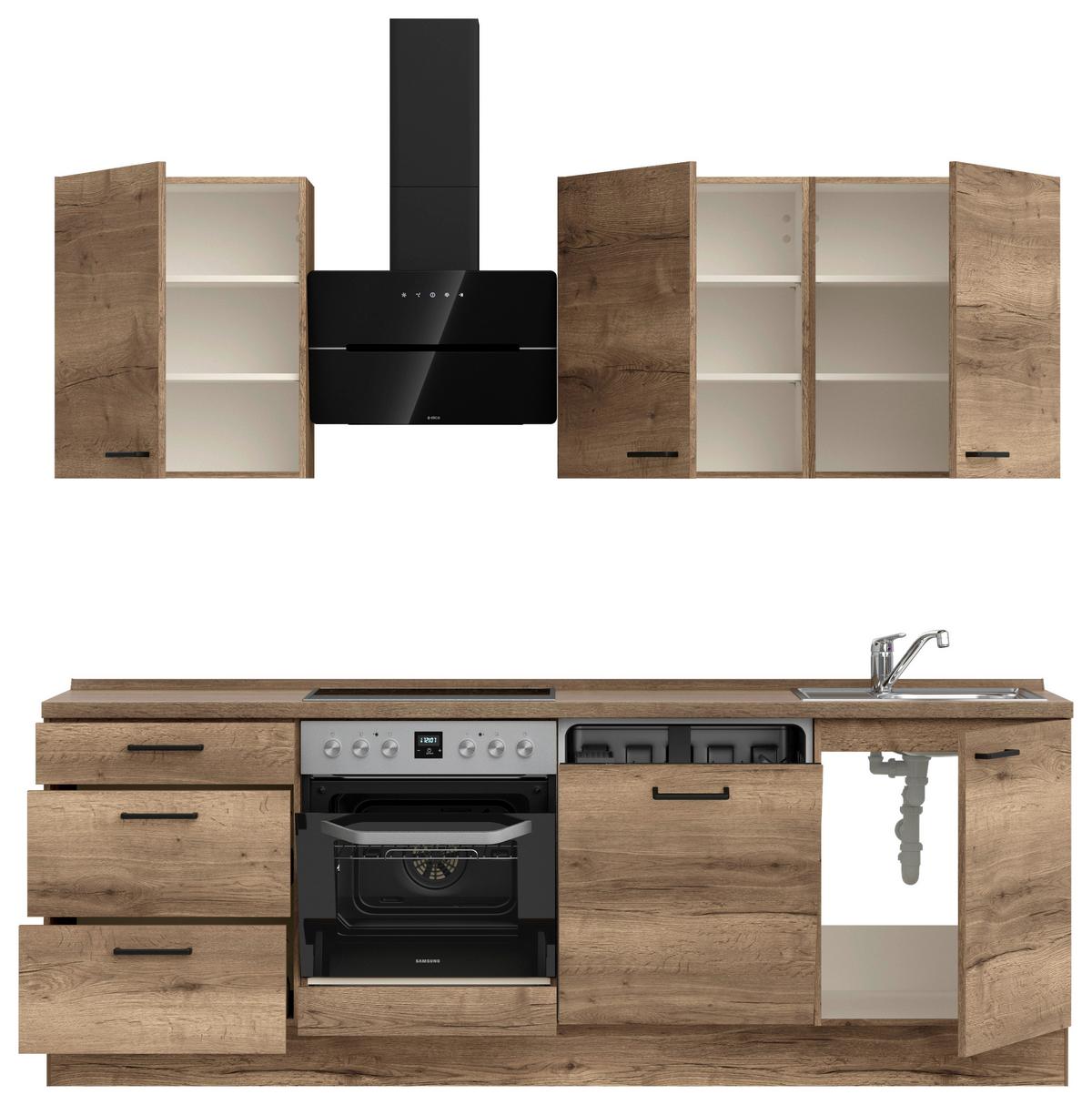 Küchenblock Structura High m. Geräten Eiche dunkel - Eiche dunkel/Schwarz, MODERN, Holzwerkstoff/Metall (240cm) - Nobilia