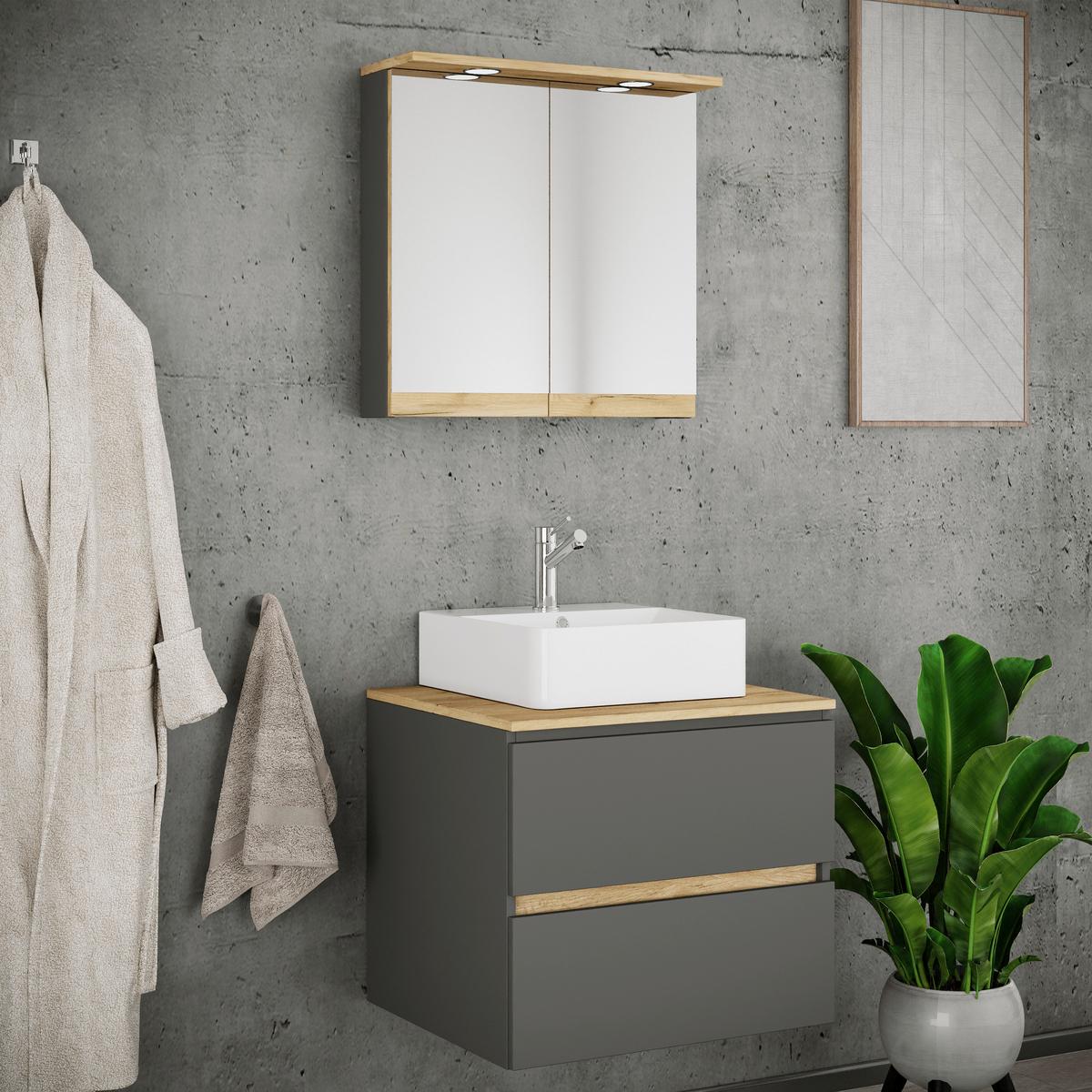 Badezimmer Cosila - Honigeiche/Weiss, Trend, Keramik/Holzwerkstoff (60cm) - MID.YOU