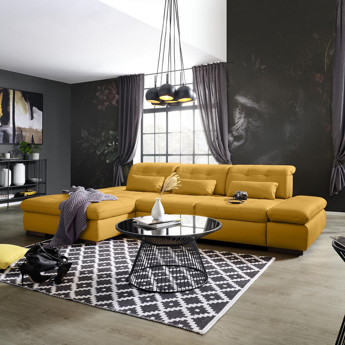 Wohnlandschaft Sanfino Leder Gelb - Chromfarben/Gelb, KONVENTIONELL, Leder/Metall (199/79-96/305cm) - Premium Living