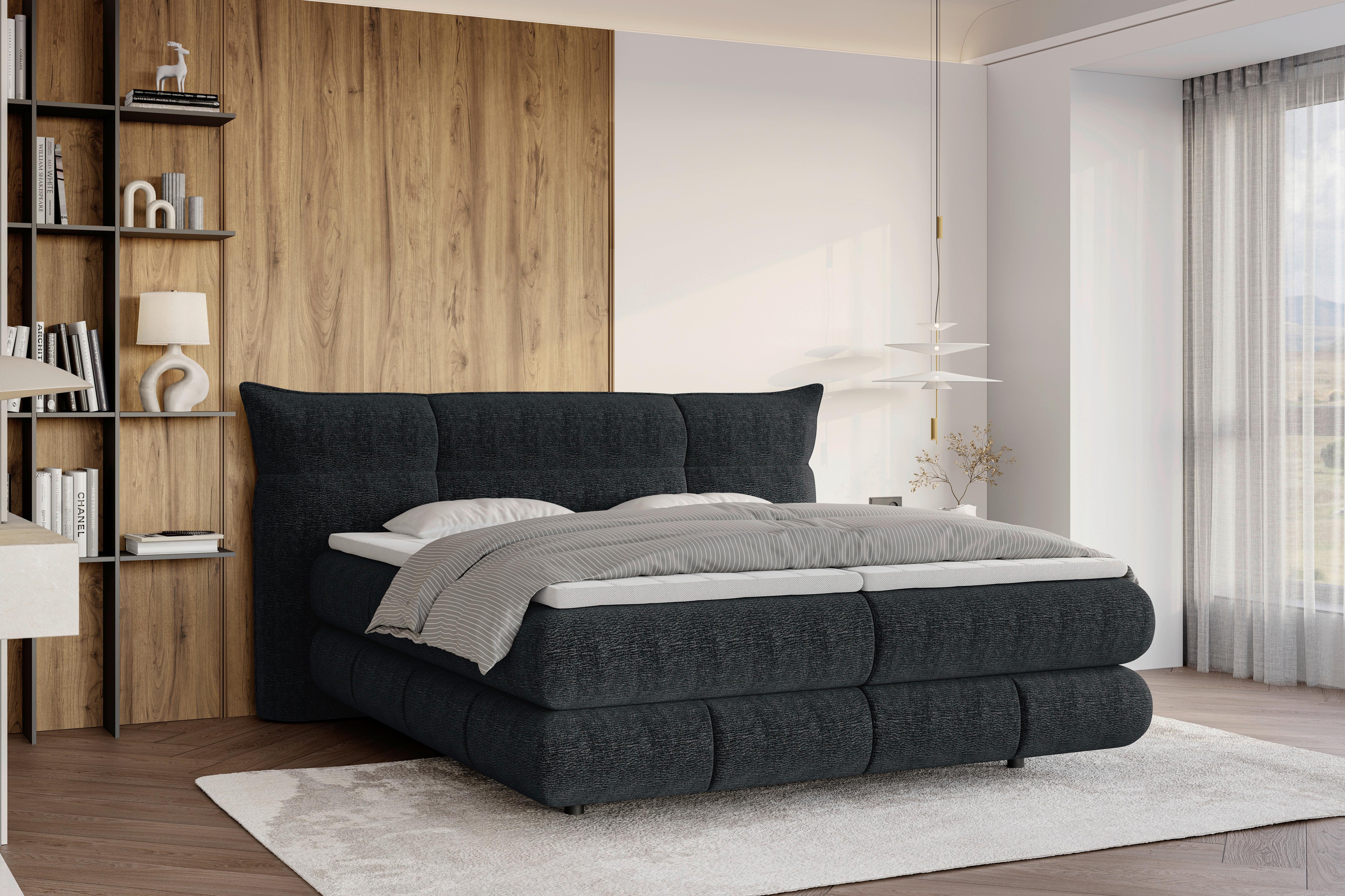 Boxspringbett Auris Schwarz ca. 180x200cm - Schwarz, KONVENTIONELL, Kunststoff/Textil (180/200cm) - Sembella