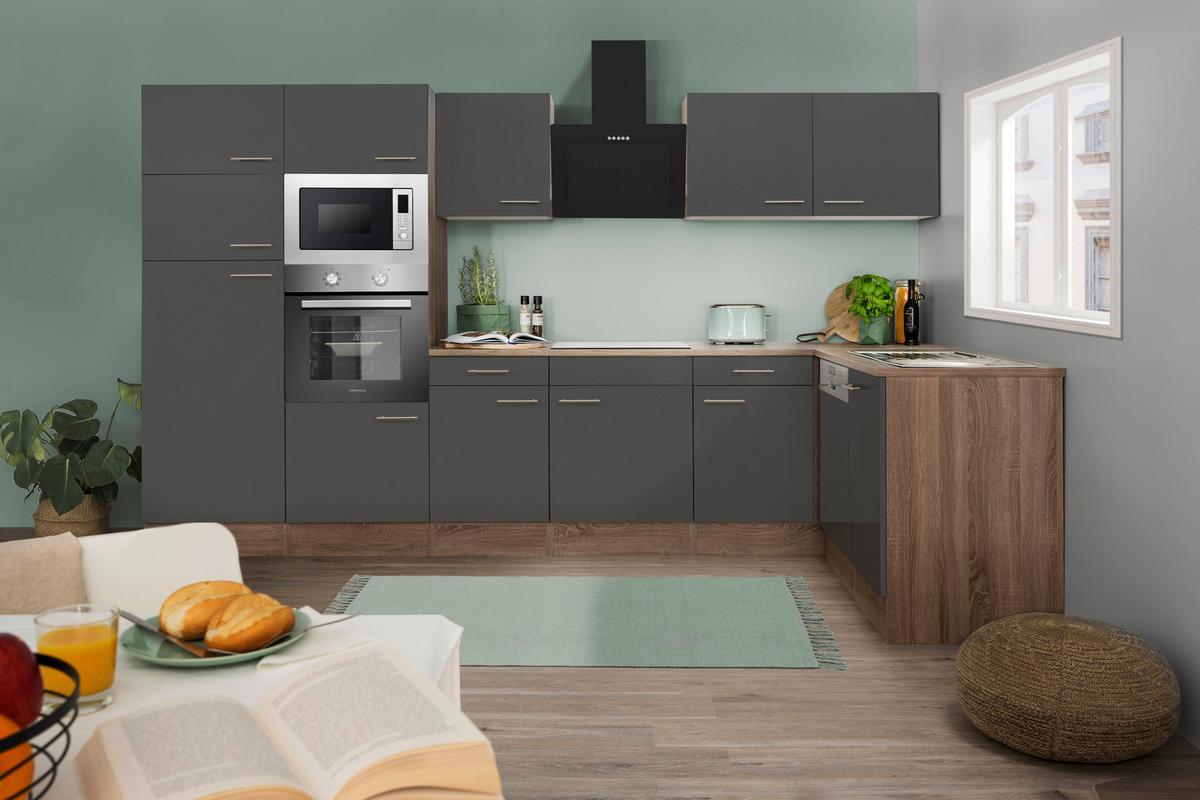 Eckküche Oliver mit Geräten ca. 340x172 cm Grau - Eichefarben/Grau, Basics, Holzwerkstoff/Metall (340/172cm) - Respekta