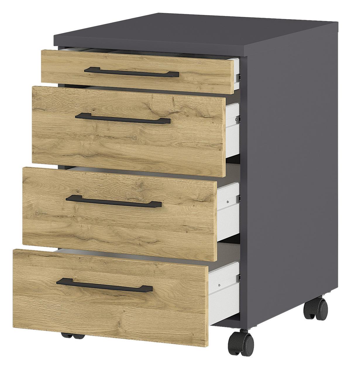 ROLLCONTAINER GW-PROFI 2.0 - Eichefarben/Schwarz, KONVENTIONELL, Holzwerkstoff/Kunststoff (42/61/49cm) - Germania