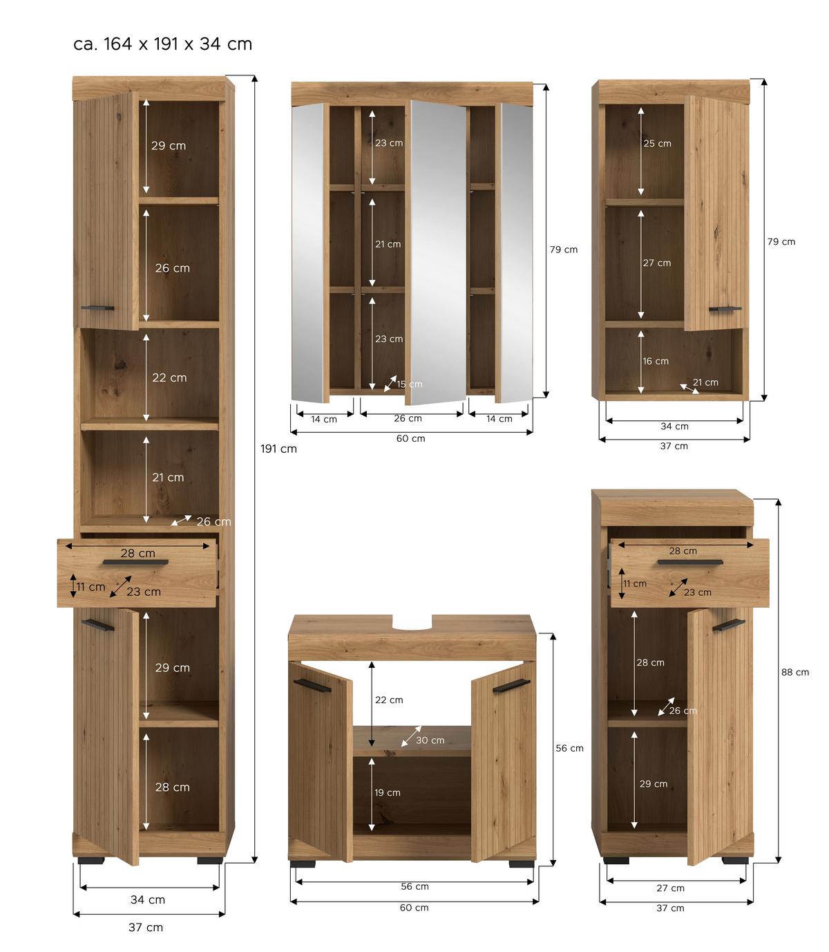 Badezimmer Scout Artisan Eiche 5-teilig - Schwarz/Eiche Artisan, Trend, Glas/Holzwerkstoff (134cm) - MID.YOU