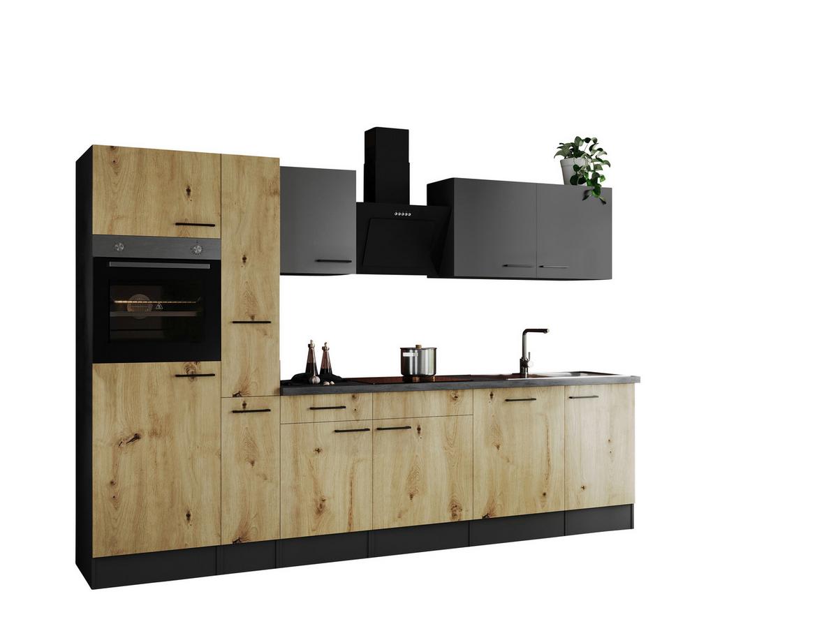 Küchenblock Oliver m. Geräten Grau/Eiche - Schwarz/Eiche Artisan, Design, Holzwerkstoff/Metall (310cm) - Respekta
