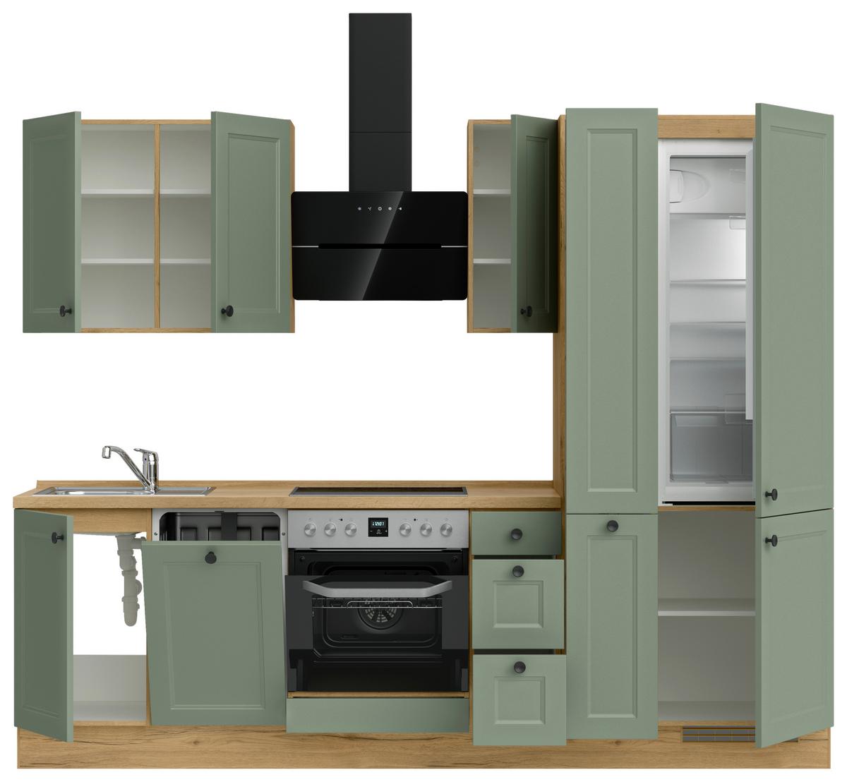 Küchenblock Casada High m. Geräten Schilfgrün - Schilfgrün/Eichefarben, MODERN, Holzwerkstoff/Metall (270cm) - Nobilia