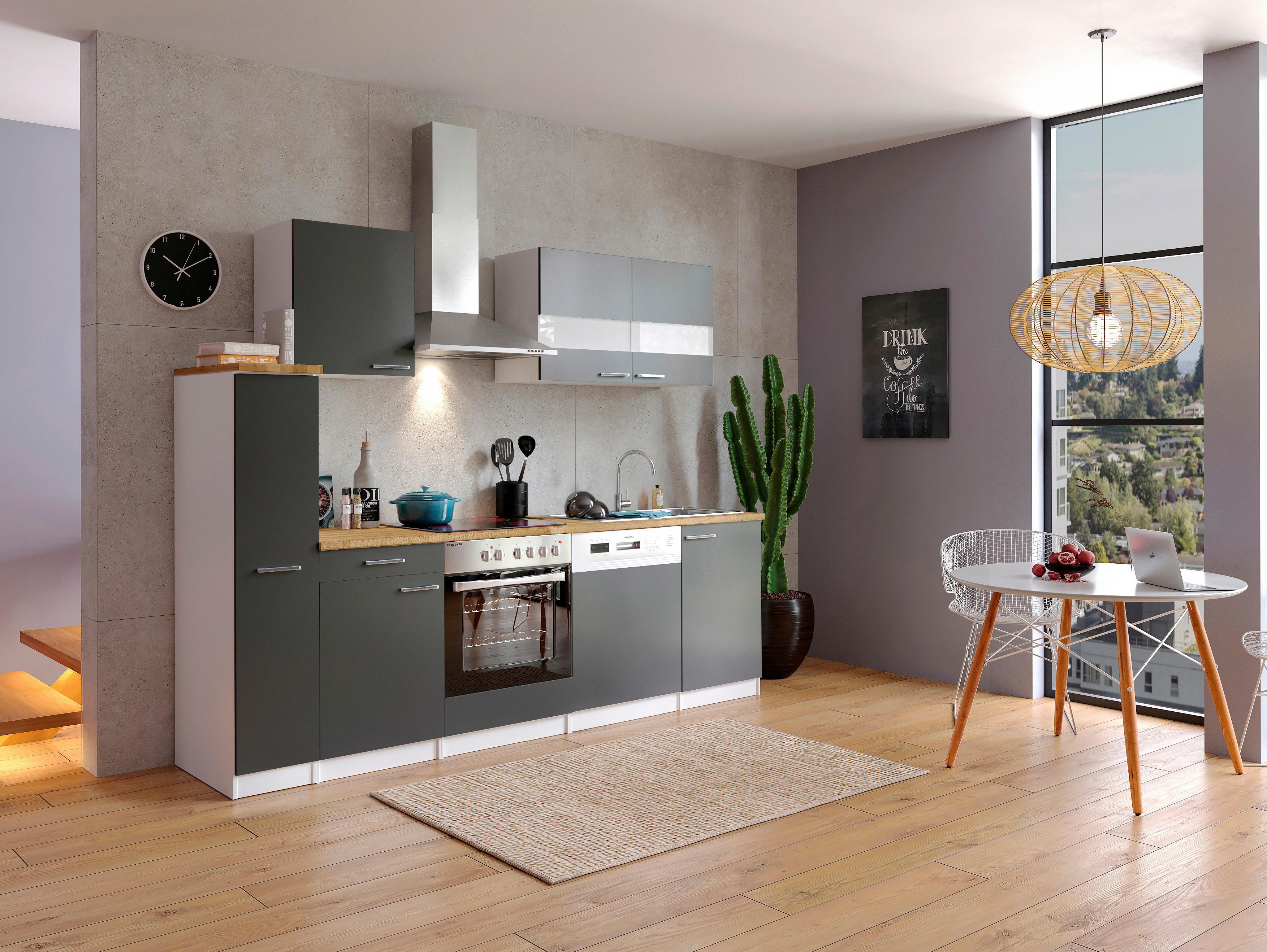 Küchenzeile Economy m. Geräten Grau/Nussbaum B: ca. 250 cm - Edelstahlfarben/Nussbaumfarben, Basics, Holzwerkstoff/Metall (250cm) - Respekta