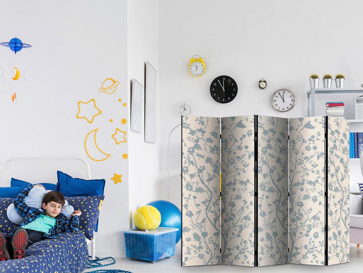 Paravan Spring Commotion I, Dvostranski, 5-Delni - svetlo modra/bež, Basics, tekstil/les (225/172/3cm) - artgeist