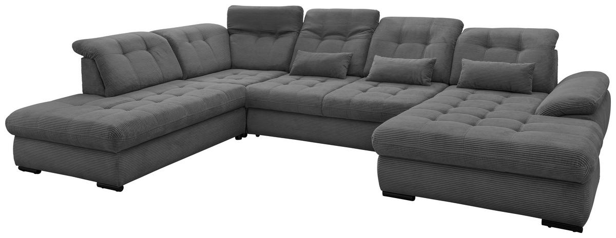 Wohnlandschaft Rigatti Grau Cord mit Bettkasten - Schwarz/Grau, MODERN, Textil/Metall (252/387/184cm) - Livetastic