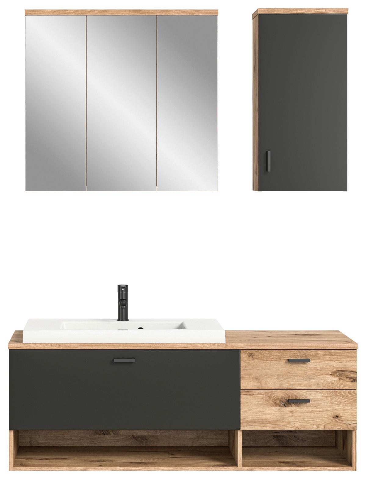 Badezimmer Grado 4-tlg. ca. 138 cm Eiche/Grau - Dunkelgrau/Weiß Hochglanz, MODERN, Glas/Keramik (138cm) - MID.YOU