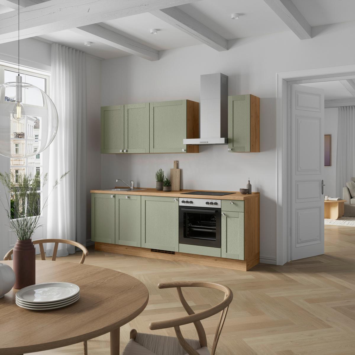 Küchenleerblock Frame Low o. Geräte Olivgrün - Edelstahlfarben/Eichefarben, MODERN, Holzwerkstoff/Metall (240cm) - Nobilia