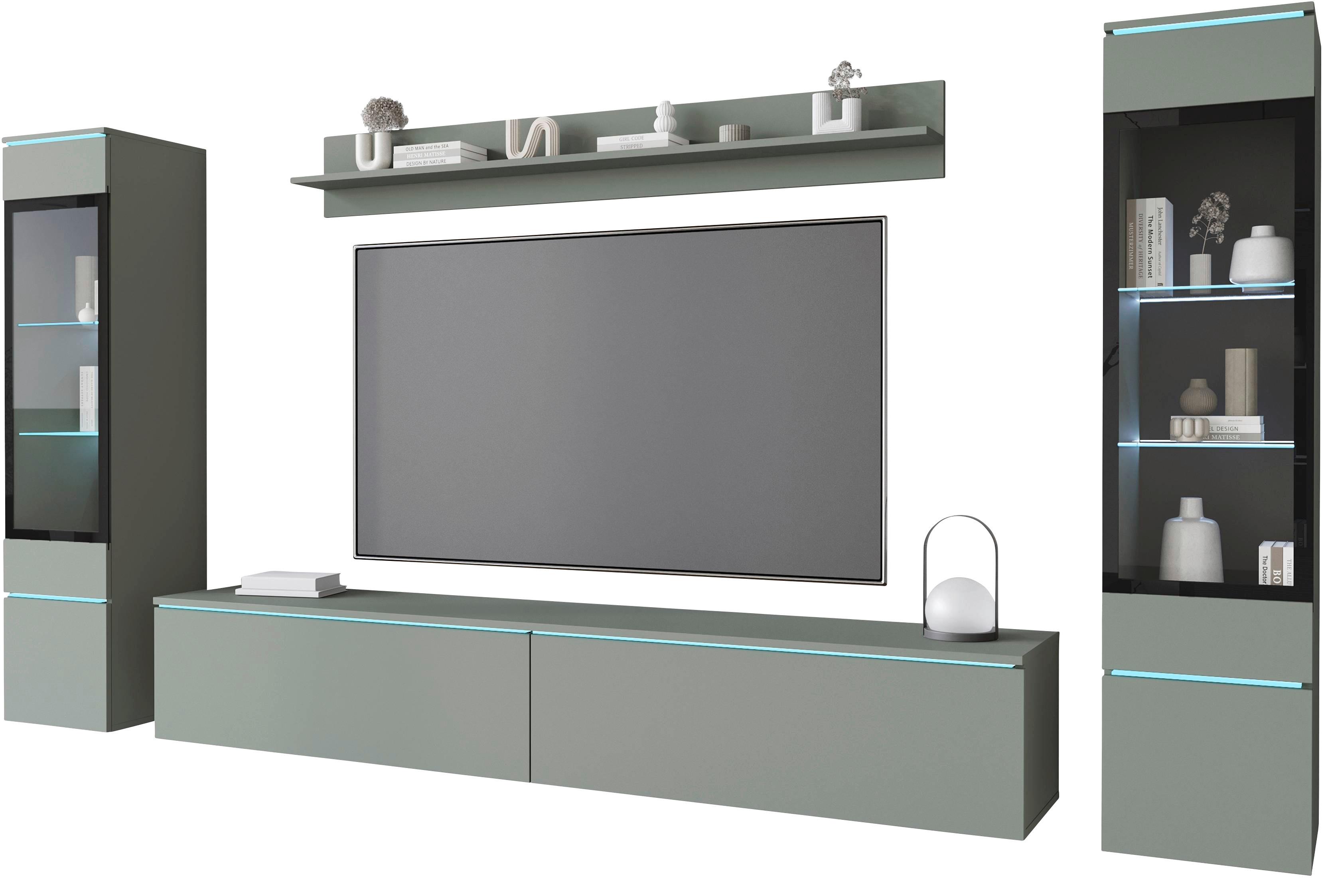 Dnevni Regal Vera I, Zelena, Z Osvetlitvijo, 4-Delni - siva/zelena, Trend, umetna masa/steklo (240/130/33cm) - P & B
