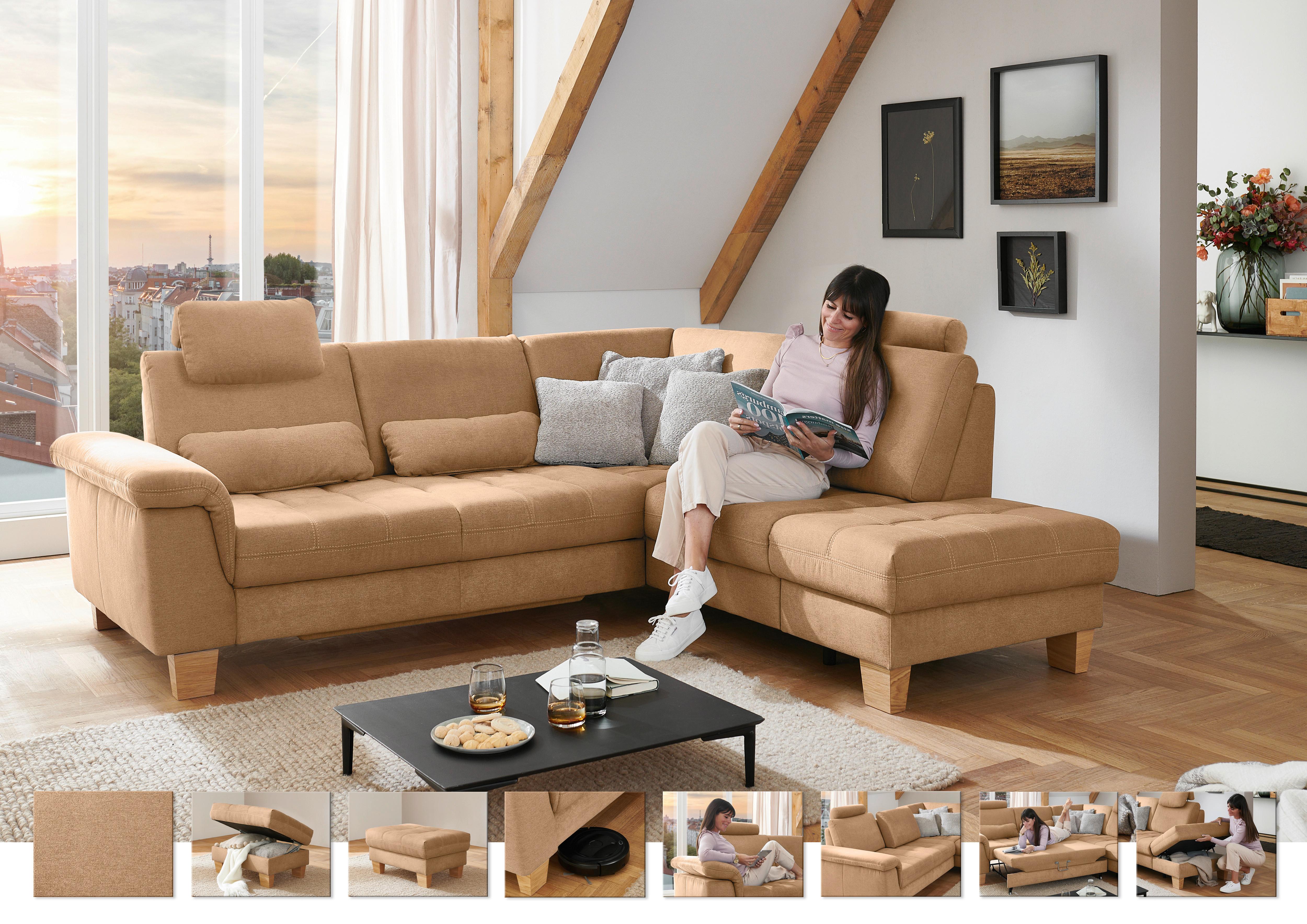 Sedežna Garnitura Pp-La23117 - bež/barve konjaka, Moderno, tekstil/leseni material (253/45/221cm) - Premium Living