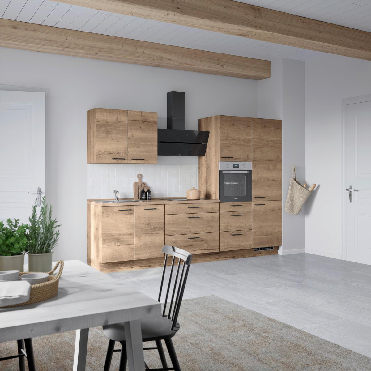 Küchenblock Structura High m. Geräten Eiche dunkel - Eiche dunkel/Schwarz, MODERN, Holzwerkstoff/Metall (300cm) - Nobilia