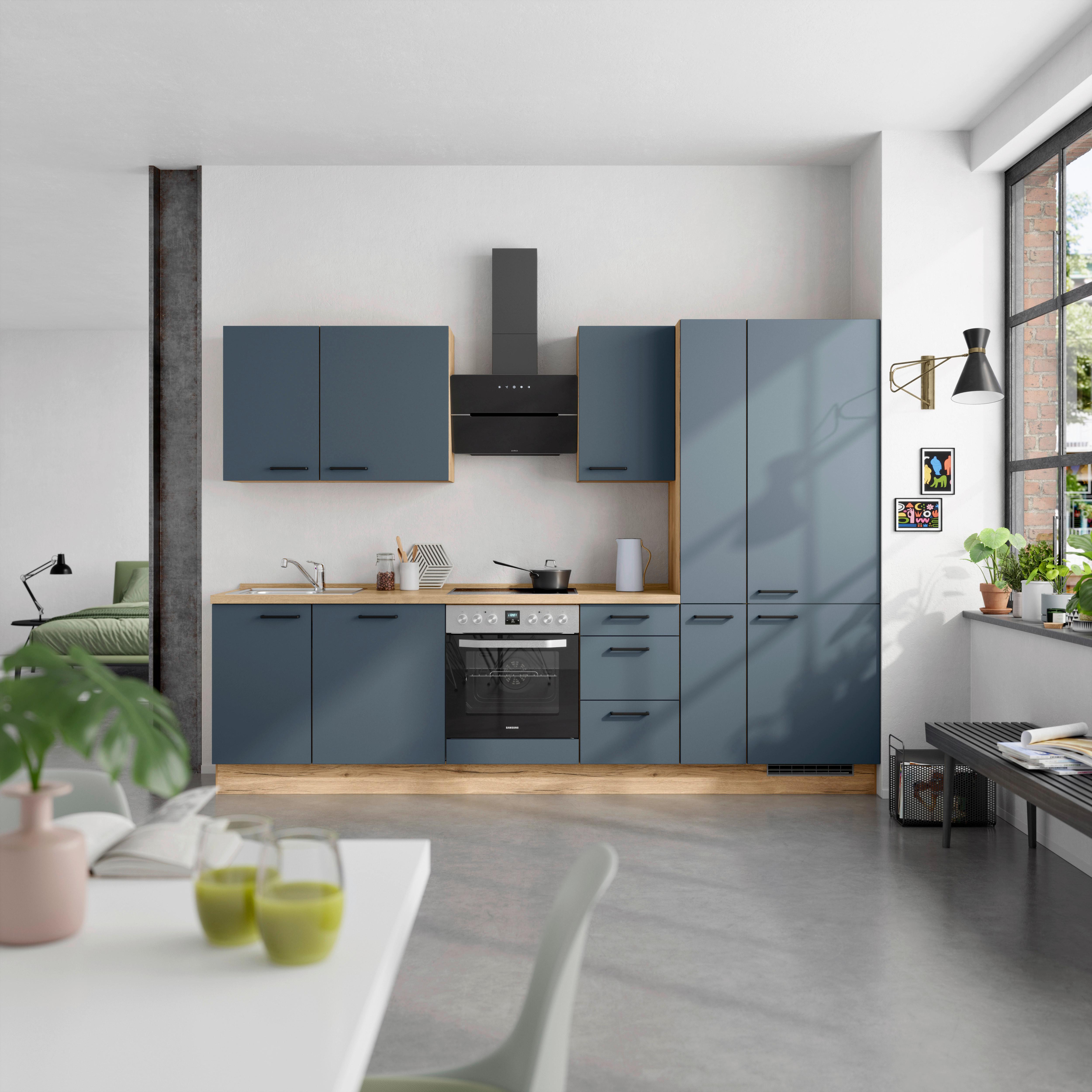 Küchenblock Easytouch High m. Geräten Dunkelblau - Eichefarben/Schwarz, MODERN, Holzwerkstoff/Metall (300cm) - Nobilia