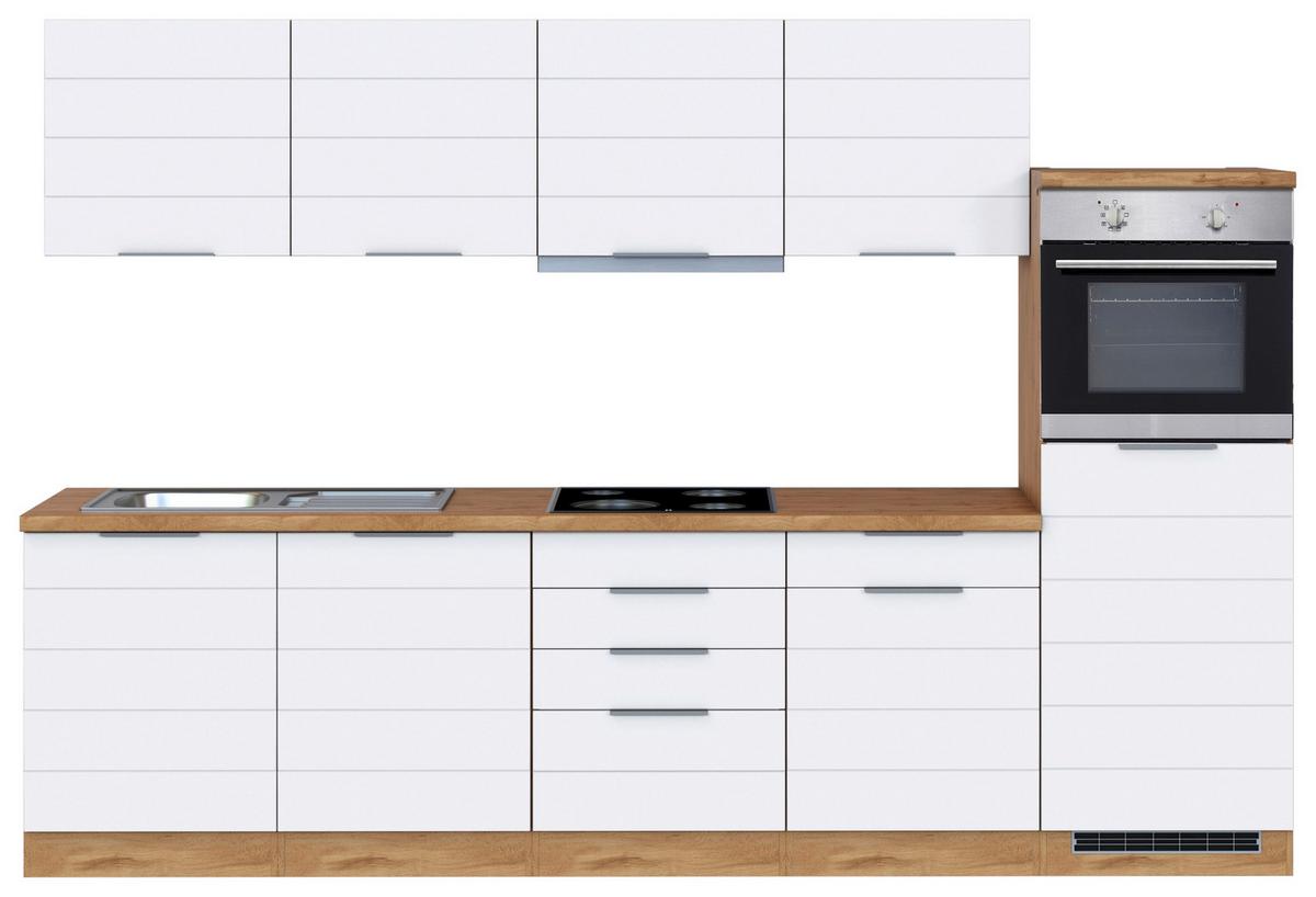 Küchenblock Florenz mit Geräten ca. 300 cm Weiß/Eiche - Eiche Wotan/Weiß, Design, Holzwerkstoff/Metall (300cm) - Held