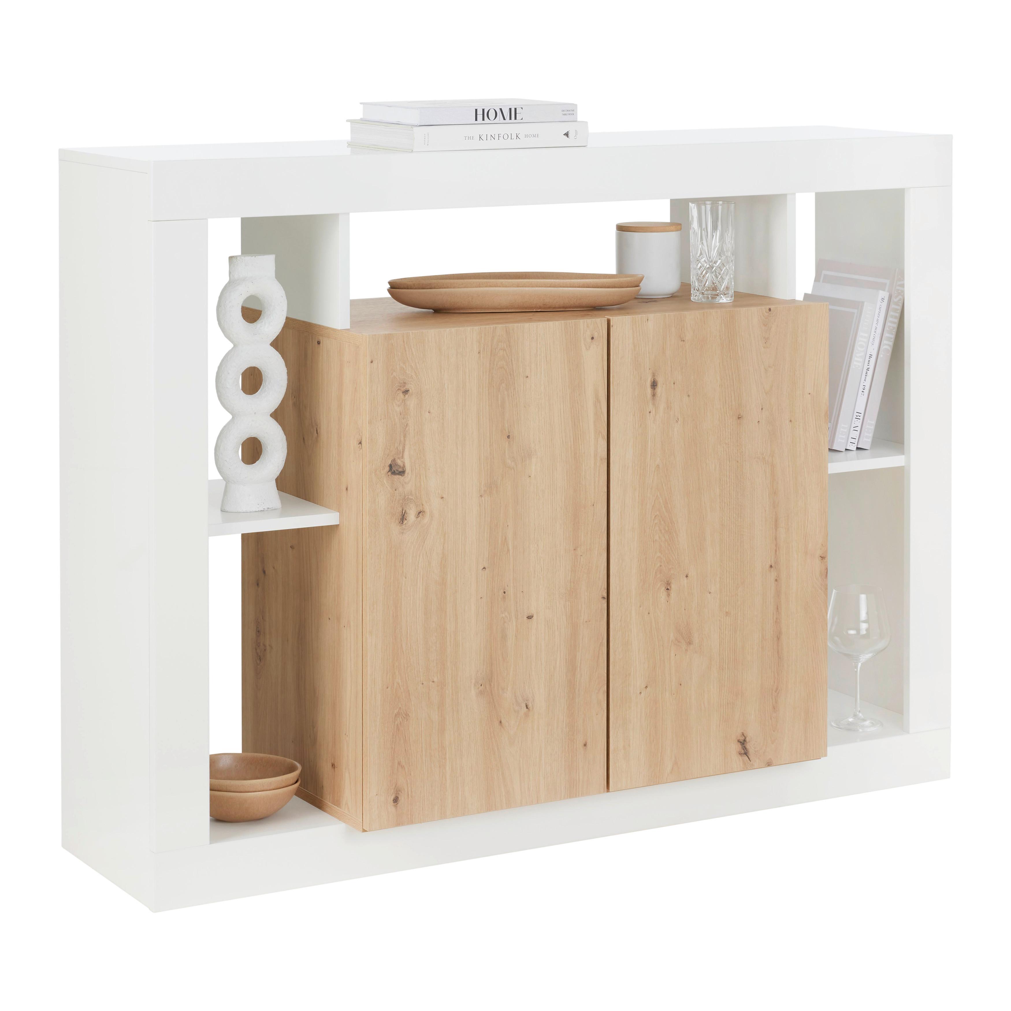 commode in Weiss HG/Eiche Artisan - Weiss Hochglanz/Eiche Artisan, Konventionell, Holzwerkstoff (134/101/42cm) - Mömax