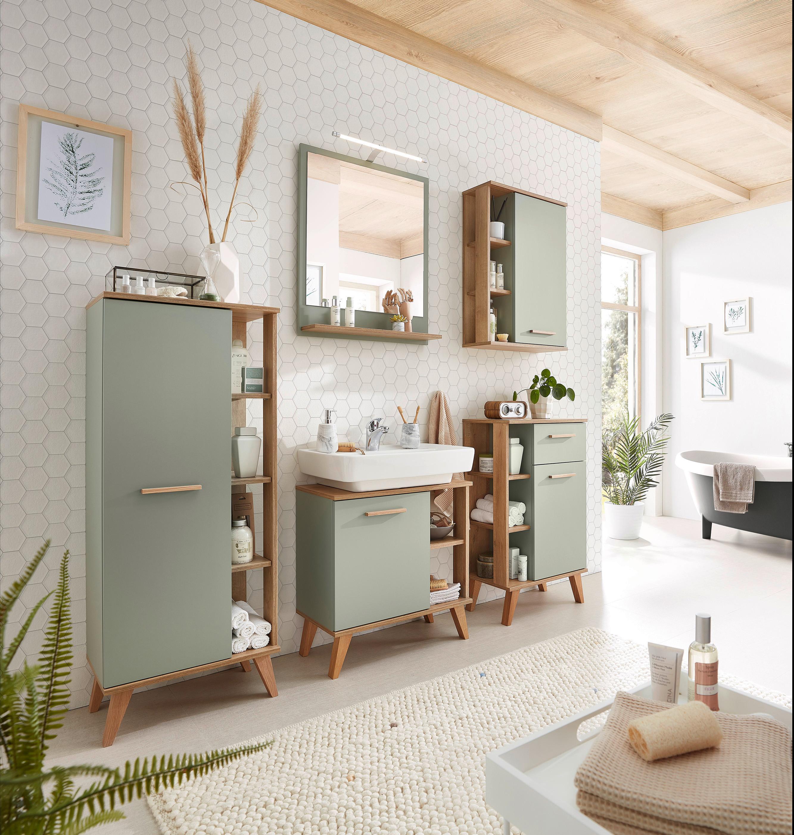 LUSTRO ŁAZIENKOWE SALVIE - kolor dębowy/pastelowa zieleń, Design, materiał drewnopochodny (60/74,5/15,5cm) - Xora