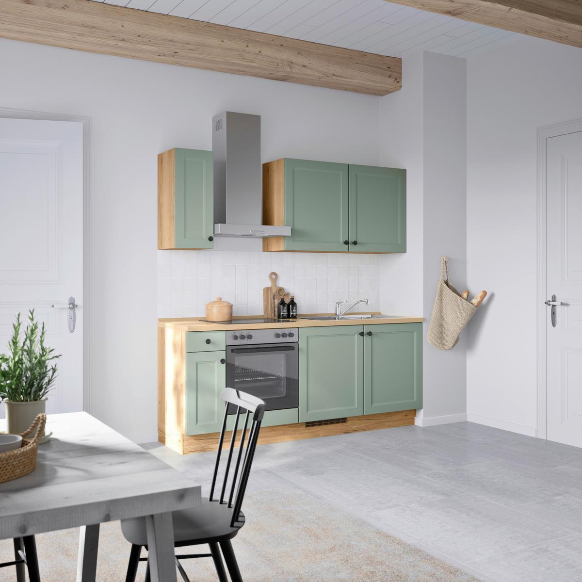 Küchenblock Cascada Low m. Geräten Schilfgrün - Schilfgrün/Eichefarben, MODERN, Holzwerkstoff/Metall (210cm) - Nobilia