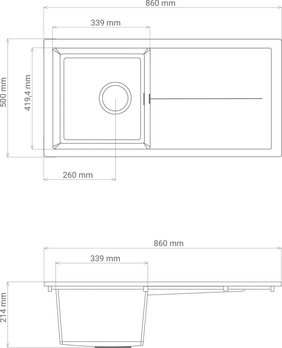 Spüle Cleveland86X50G Grau - Grau, Basics, Glas/Kunststoff (86/21,4/50cm) - Respekta