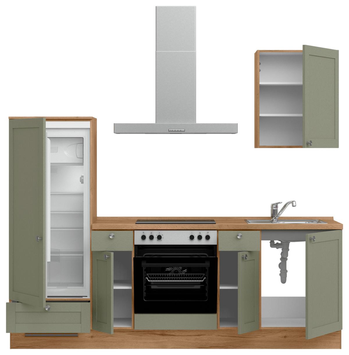 Küchenleerblock Frame Low o. Geräte Olivgrün - Edelstahlfarben/Eichefarben, MODERN, Holzwerkstoff/Metall (240cm) - Nobilia