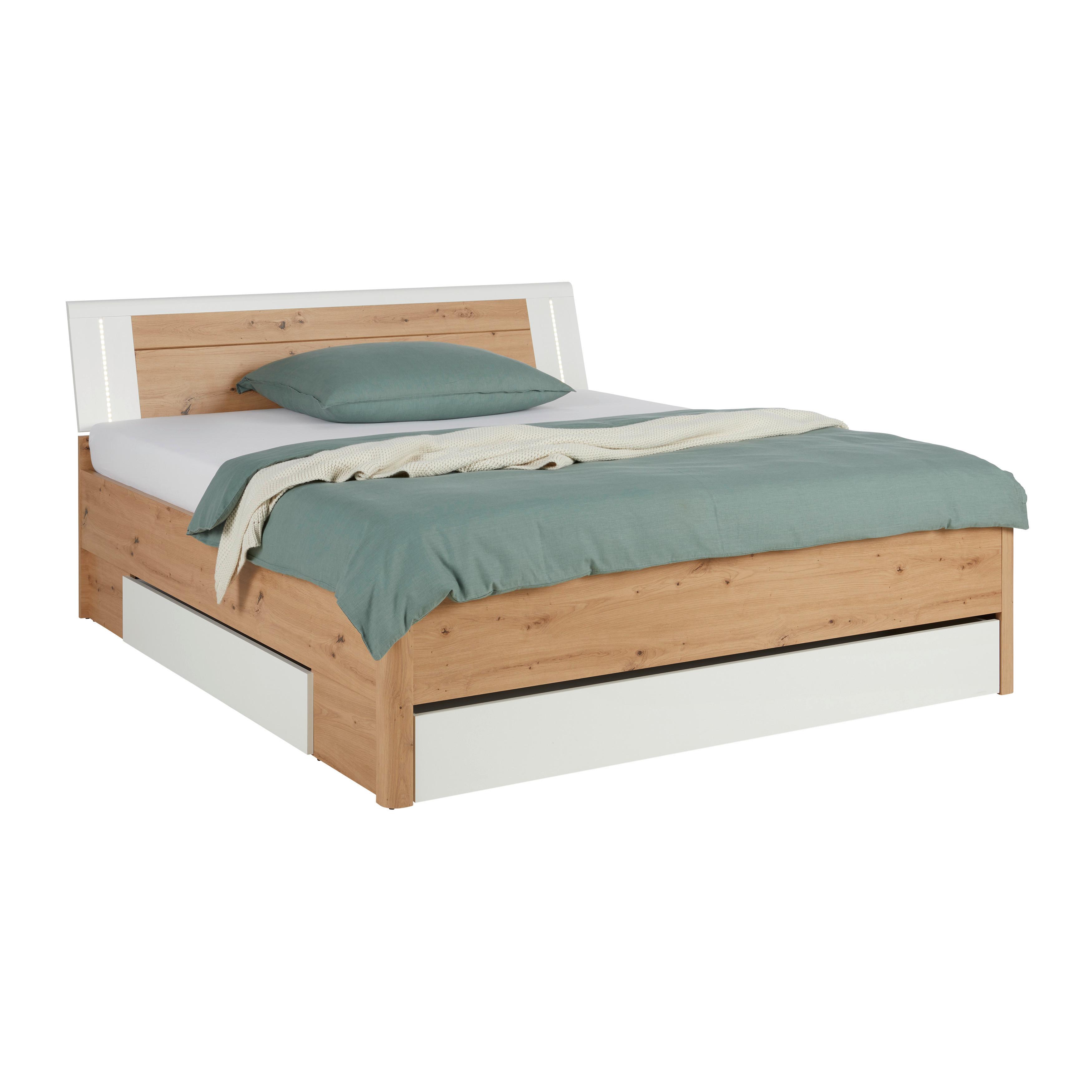 Stauraumbett in Weiß/Eiche Artisan - Weiß/Eiche Artisan, KONVENTIONELL, Holzwerkstoff (180/200cm) - Mömax
