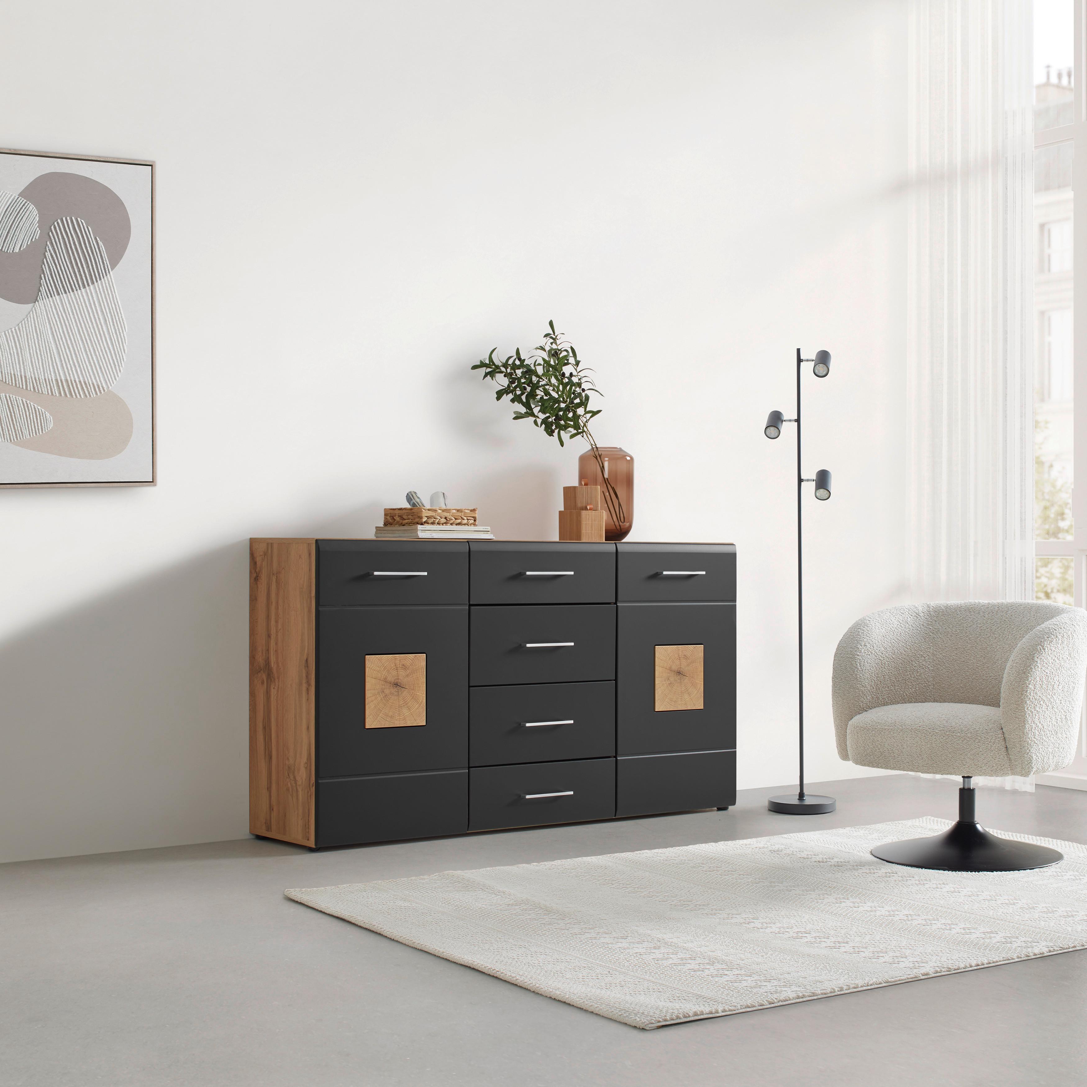 Sideboard Sonate Schwarz/Eichefarben - Chromfarben/Eichefarben, KONVENTIONELL, Holzwerkstoff/Metall (170/92/40cm) - Mömax