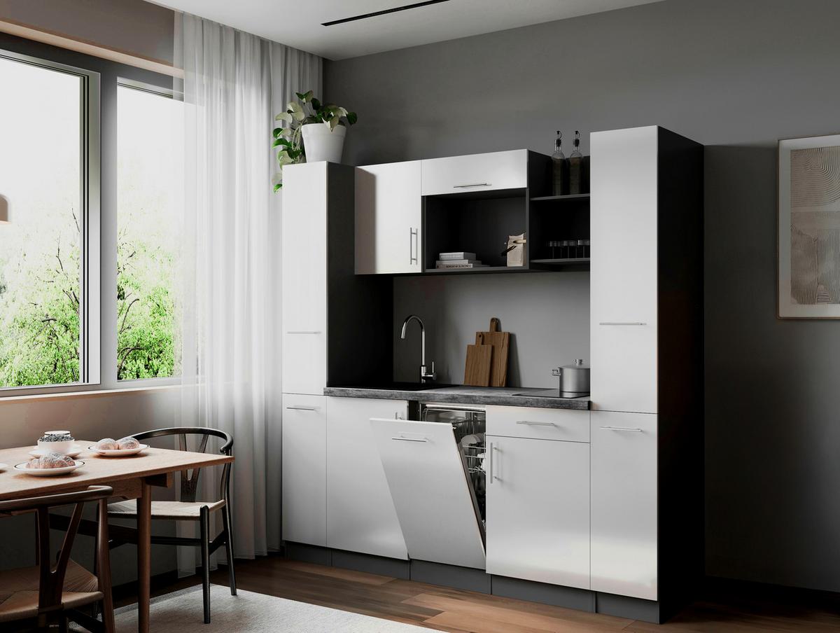 Küchenblock Oliver m. Geräten Weiß - Weiß/Grau, Trend, Holzwerkstoff/Metall (205cm) - Respekta