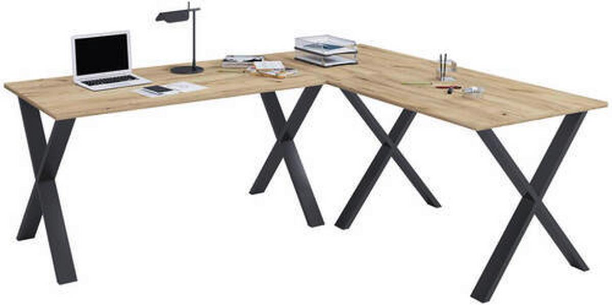 Kotna Pisalna Miza Lona, Barva Hrasta, Črna, 220x190cm - srebrne barve/črna, Moderno, kovina/leseni material (220/190/76cm) - MID.YOU