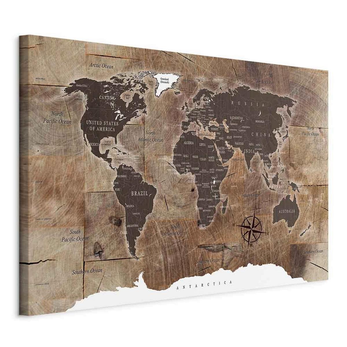 Slika Na Platnu World Map - rjava, Basics, tekstil/leseni material (60/40/1,2cm) - artgeist