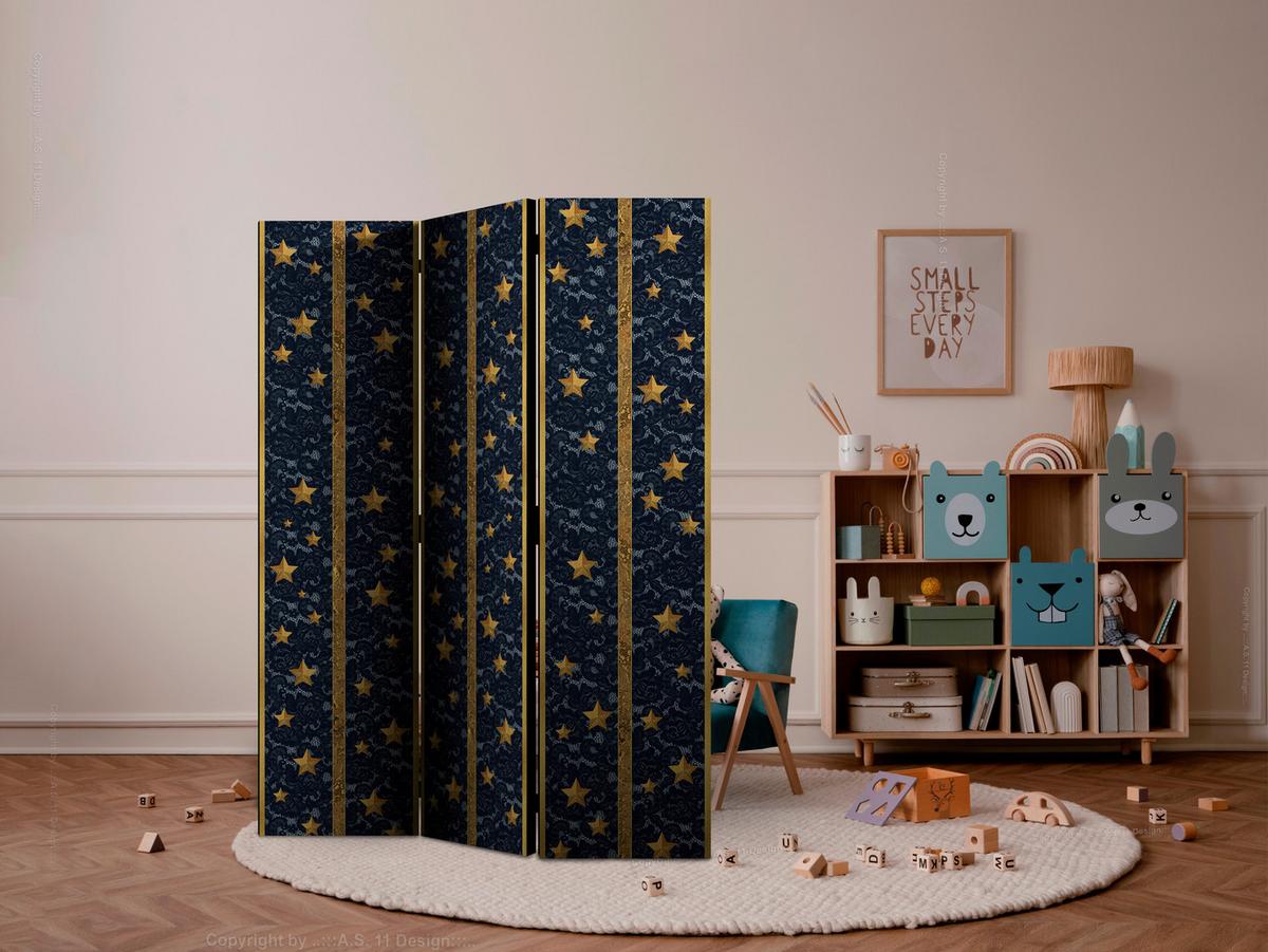 Paravan Lace Constellation, 3-Delni, Dvostranski - zlate barve/modra, Basics, tekstil/les (135/172/3cm) - artgeist